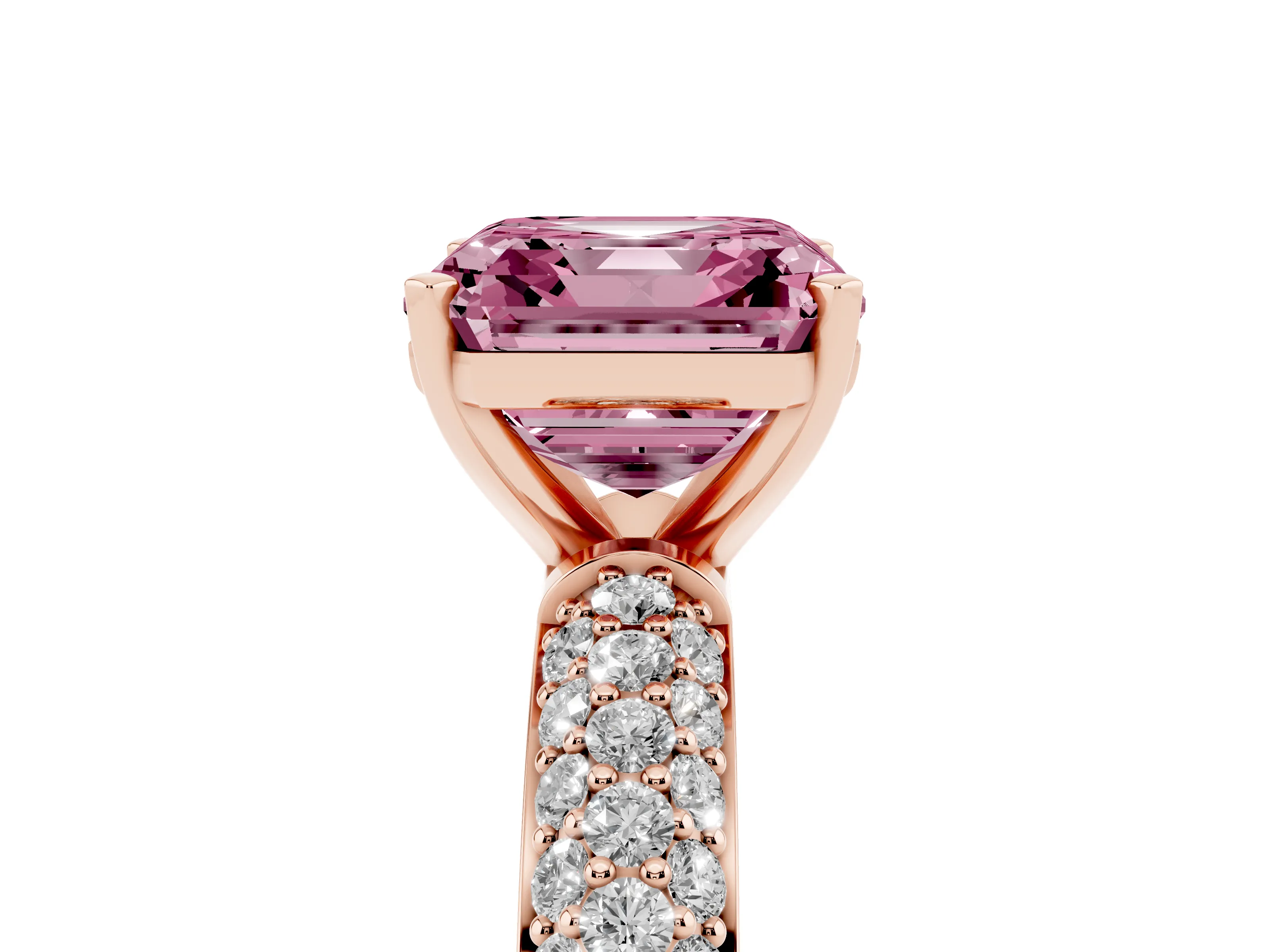 Fancy Pink Asscher Cut Diamond Solitaire Ring Set in Rose gold with Prong Setting and Pavé-Set Band