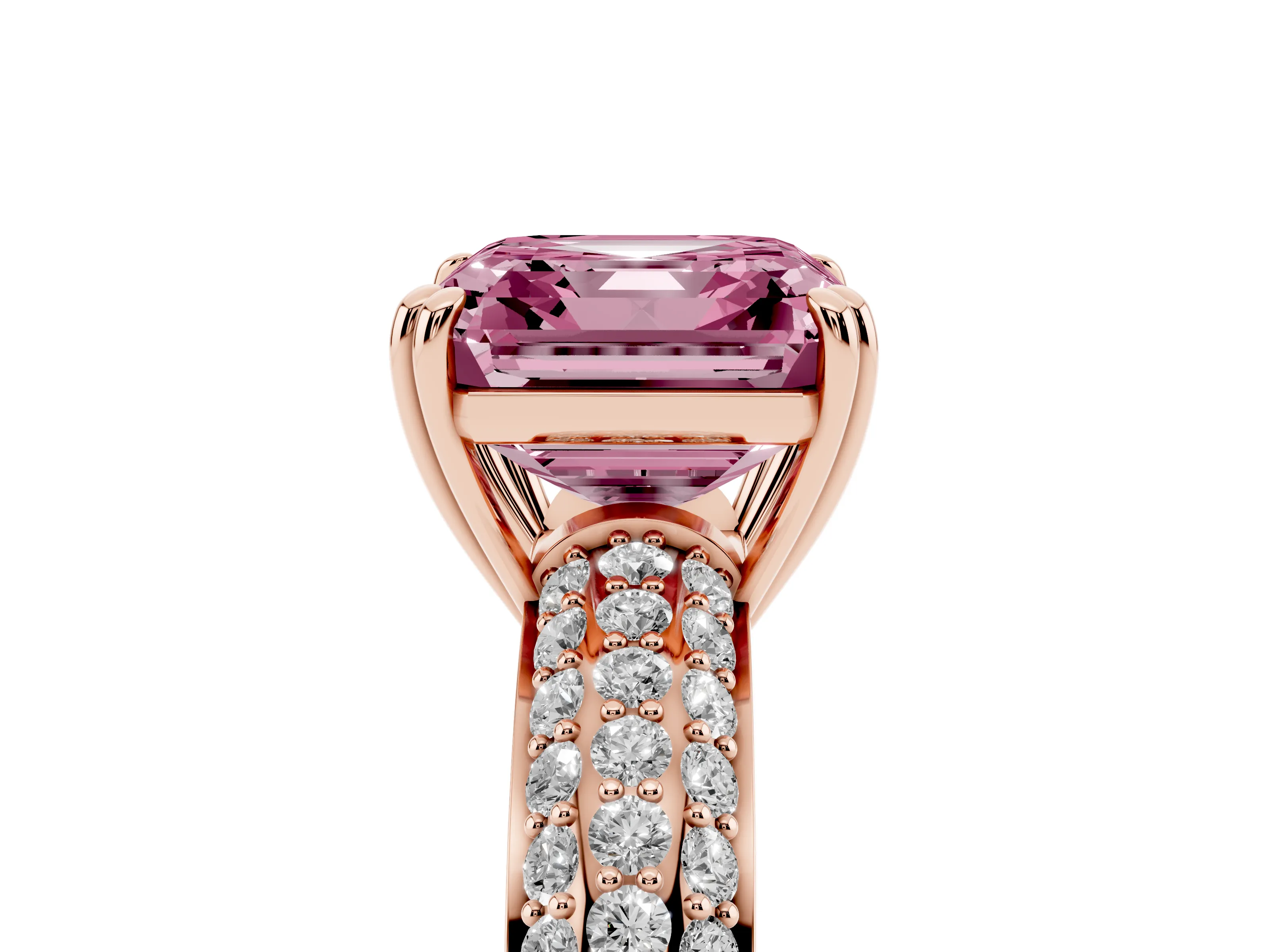 Fancy Pink Asscher Cut Diamond Solitaire Ring Set in Rose gold with Multi-Row Round Pavé Band and Prong Setting