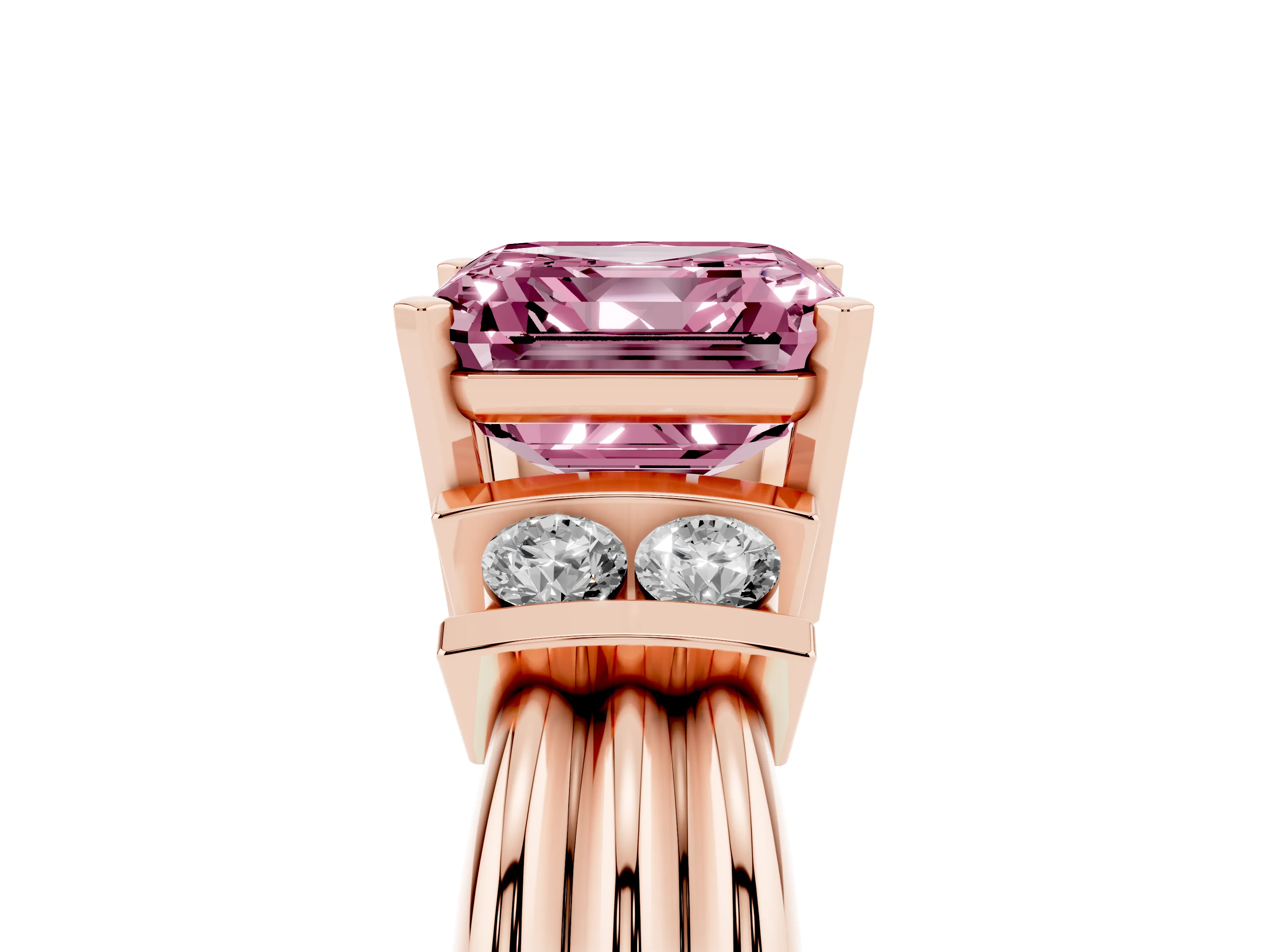 Fancy Pink Three-Stone Asscher Cut Diamond Channel Set Ring Set in Rose gold with Bar Prongs