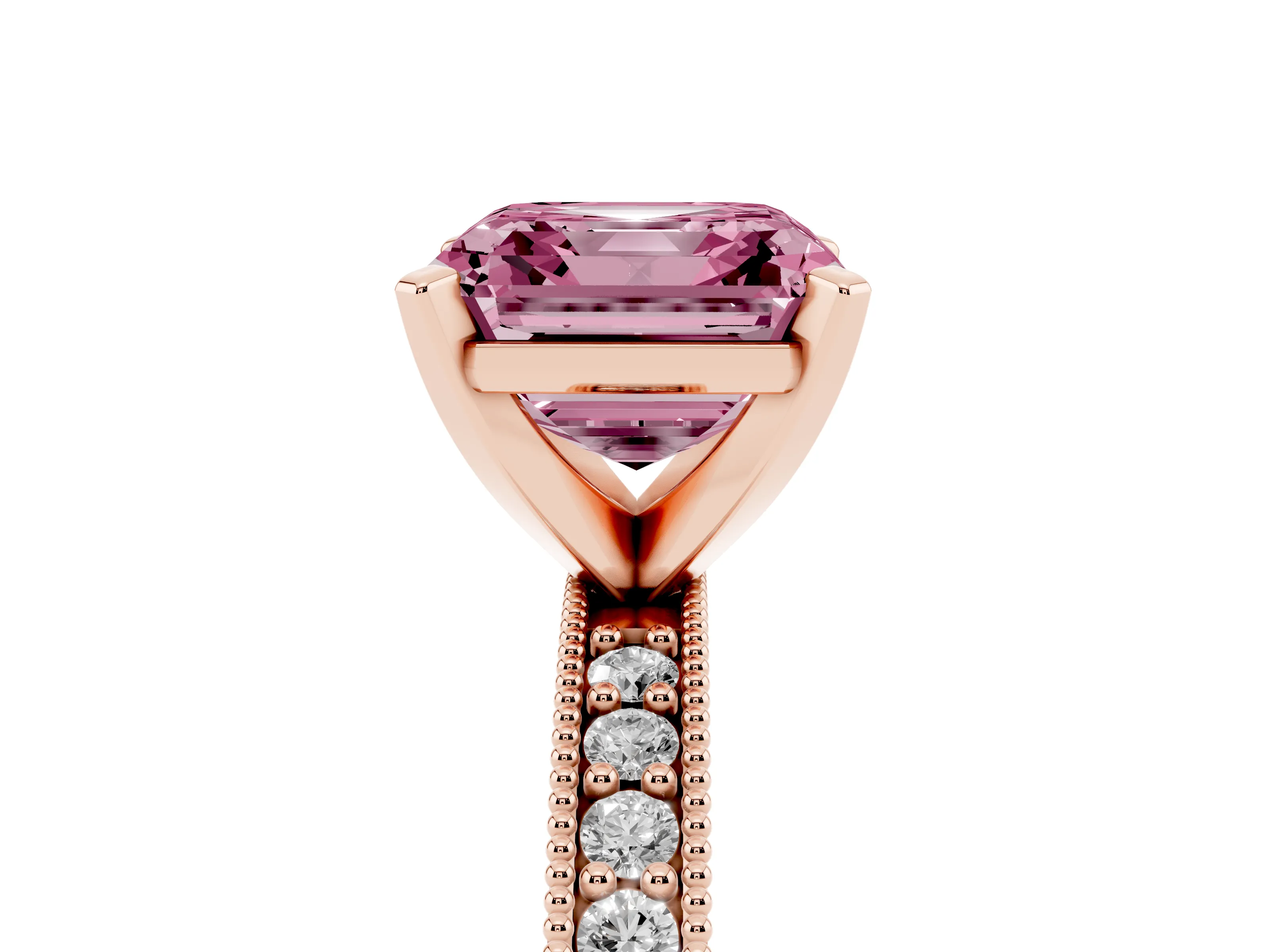 Fancy Pink Asscher Cut Diamond Milgrain Pavé Engagement Ring Set in Rose gold with Prong Setting