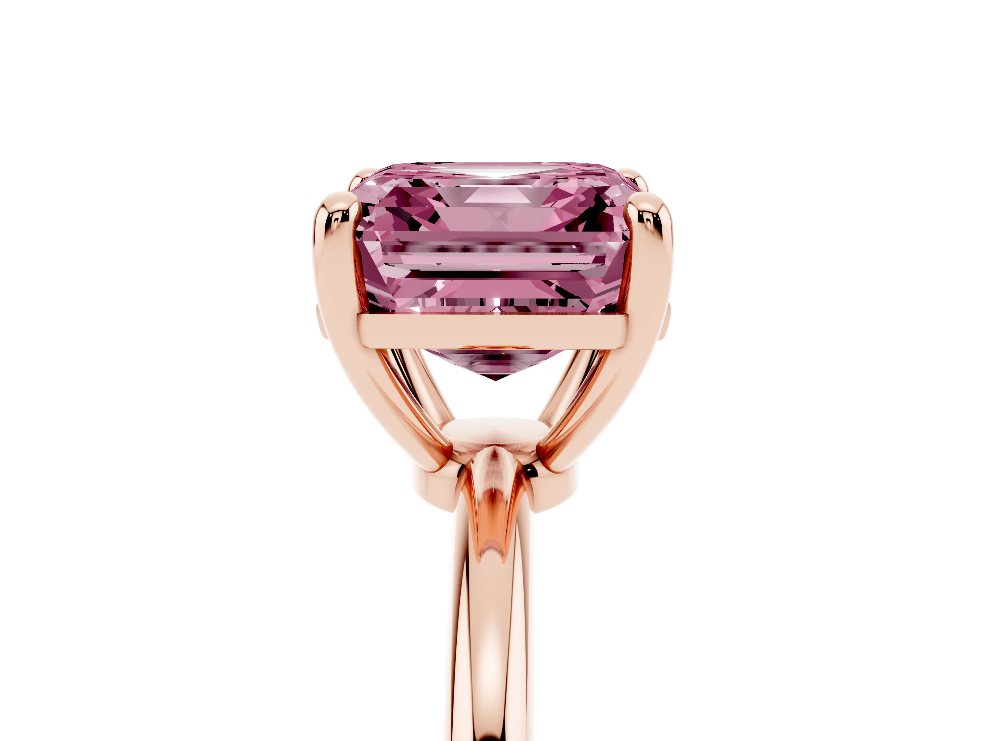 Fancy Pink Asscher Cut Diamond Solitaire Ring Set in Rose gold with Secure Prong Setting on a Classic Band