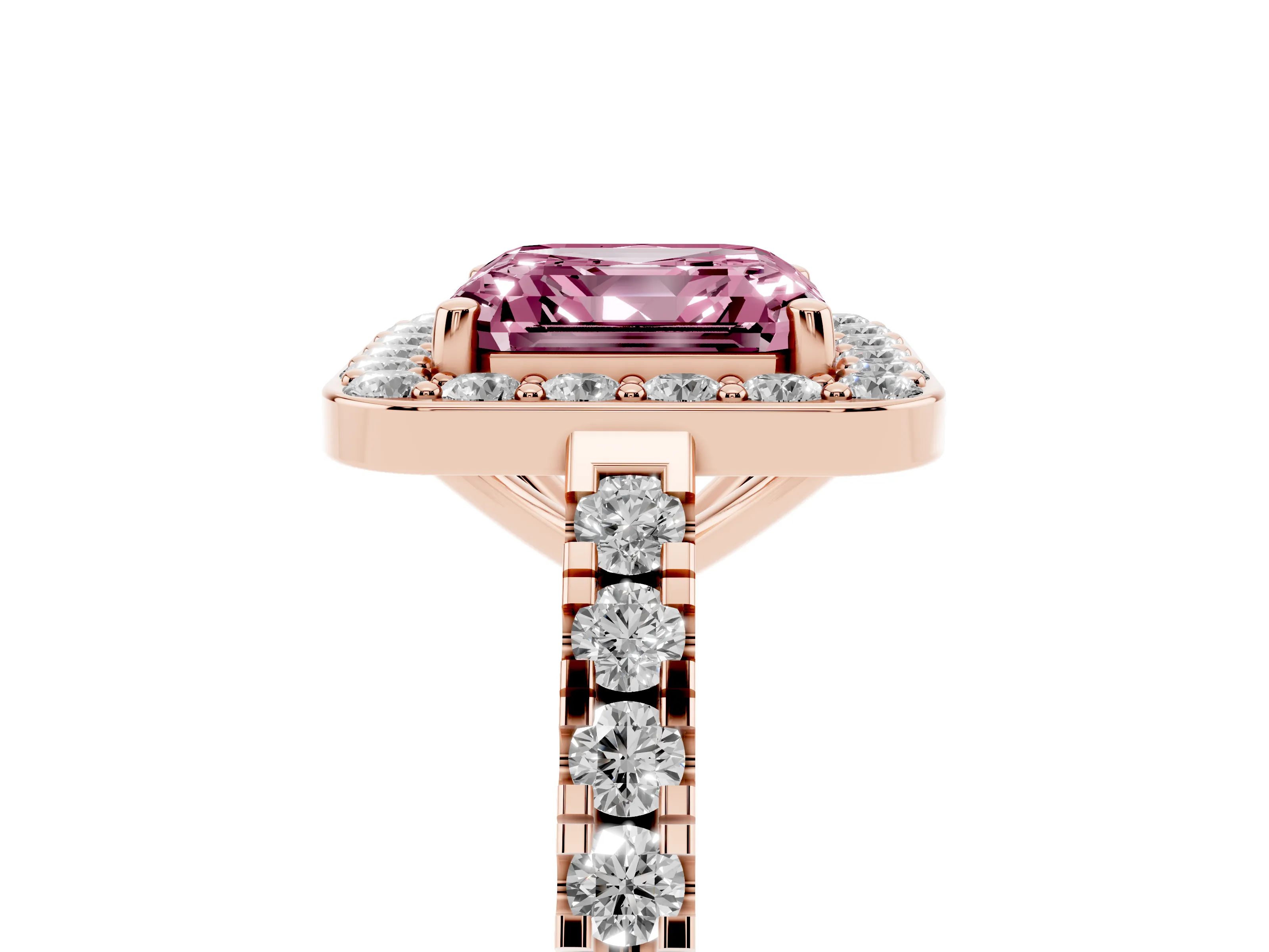 Fancy Pink Asscher Cut Diamond Halo Ring Set in Rose gold with Round Pavé Split Shank and Prong Setting