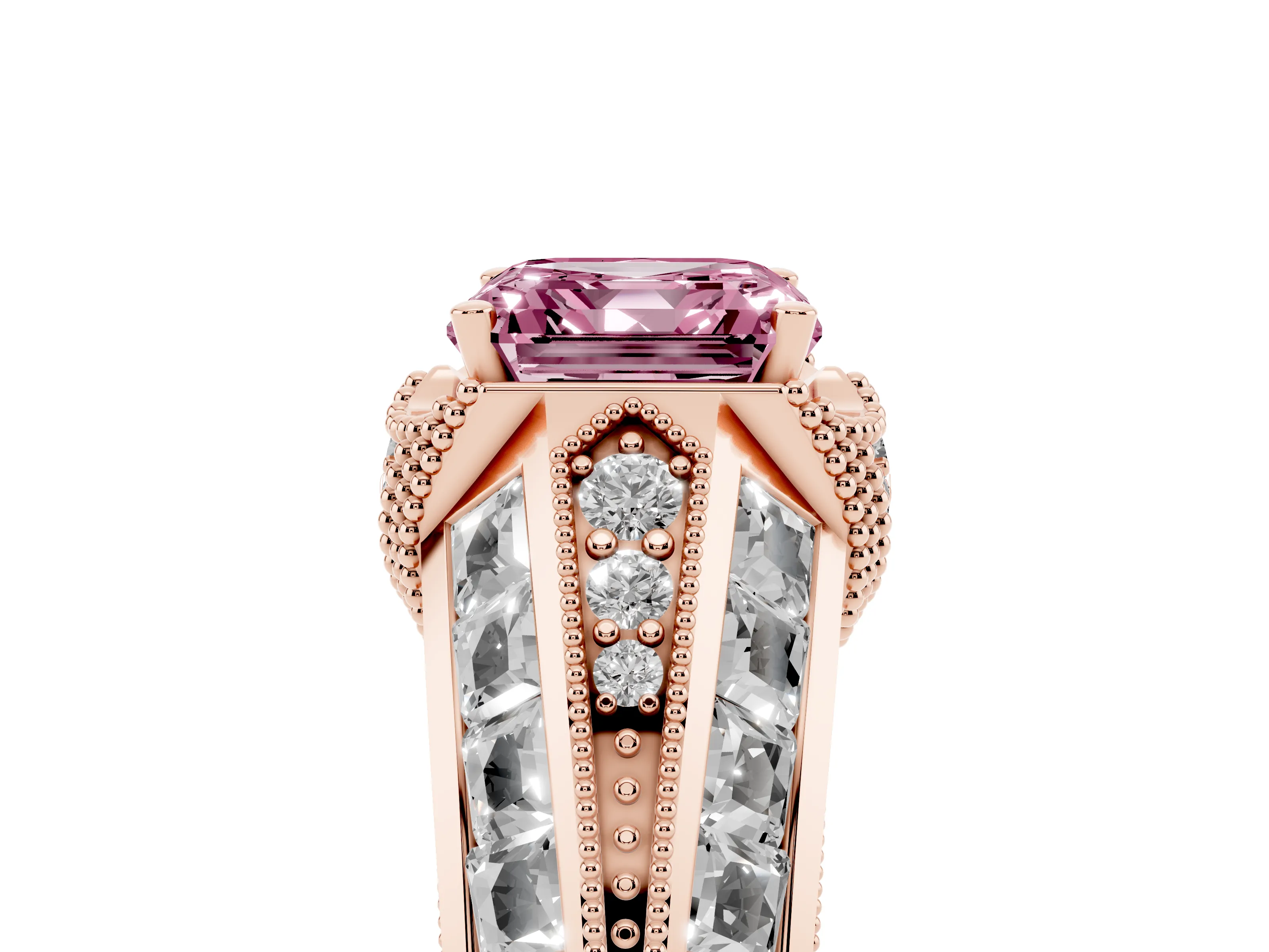 Fancy Pink Asscher Cut Diamond Vintage-Inspired Milgrain Ring Set in Rose gold with Accent Split Shank