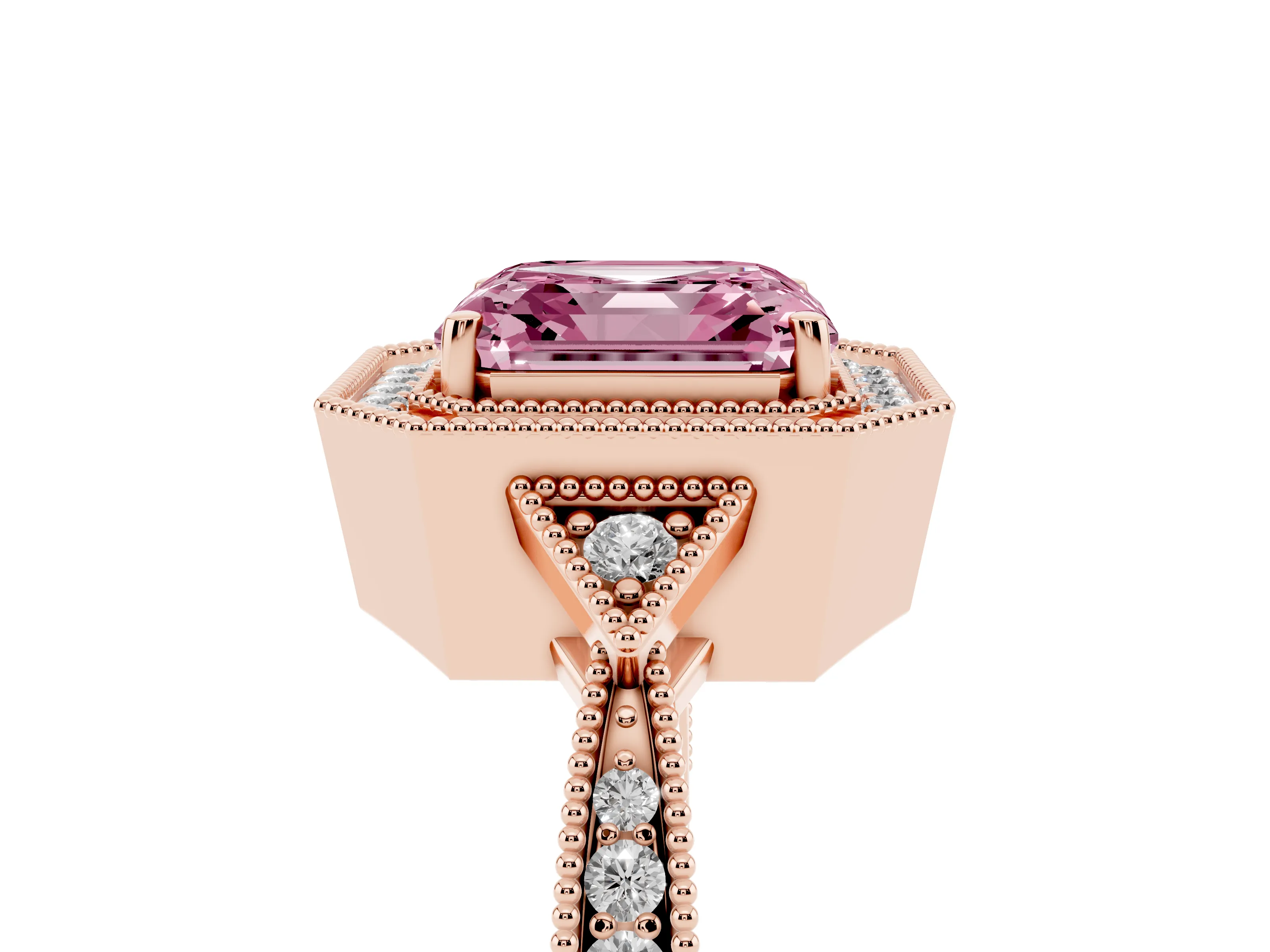 Fancy Pink Asscher Cut Diamond Halo Engagement Ring Set in Rose gold with Milgrain Pavé Band
