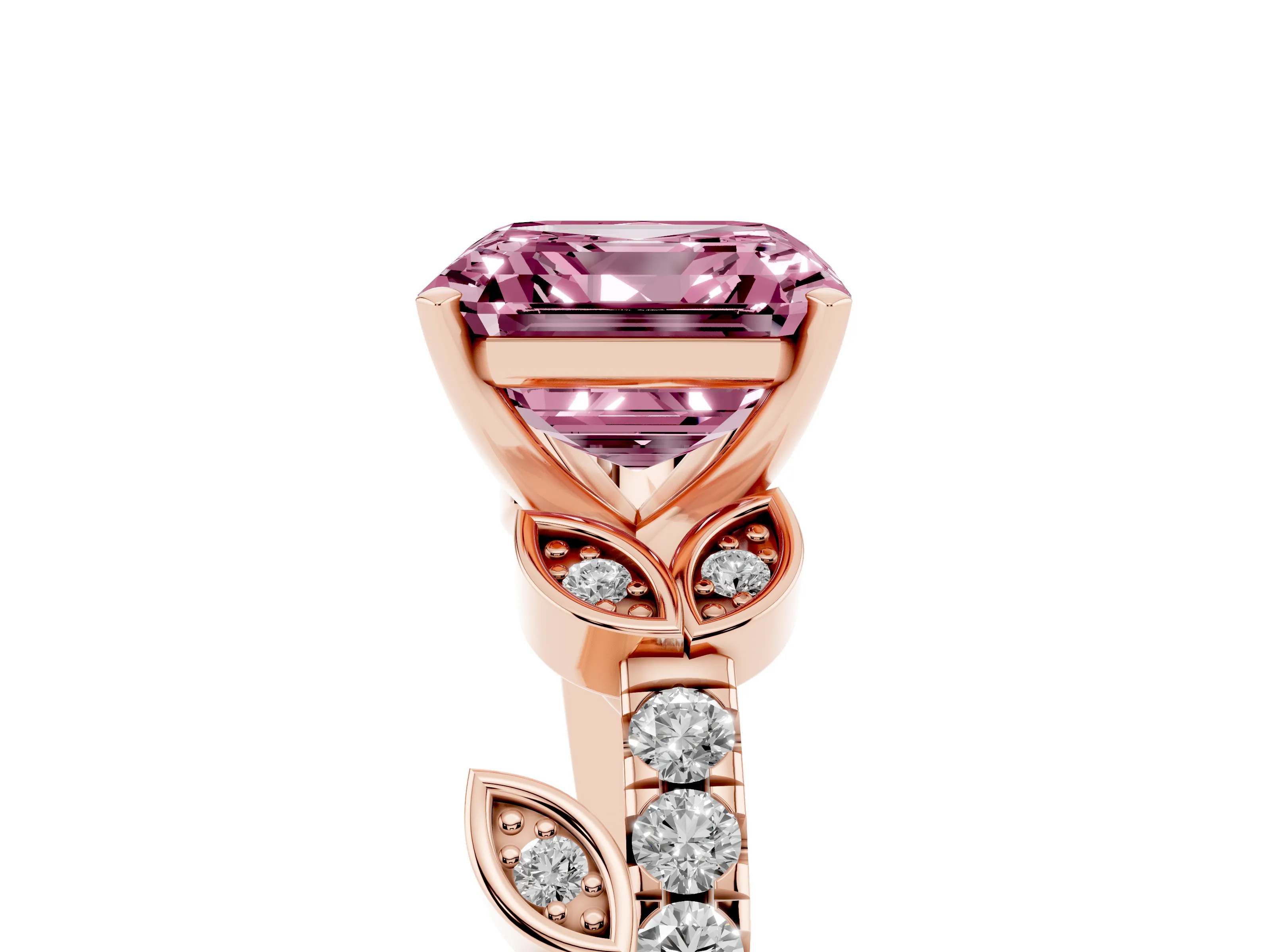 Fancy Pink Asscher Cut Diamond Solitaire Leaf-Inspired Ring Set in Rose gold with Pavé Band and Prong Setting