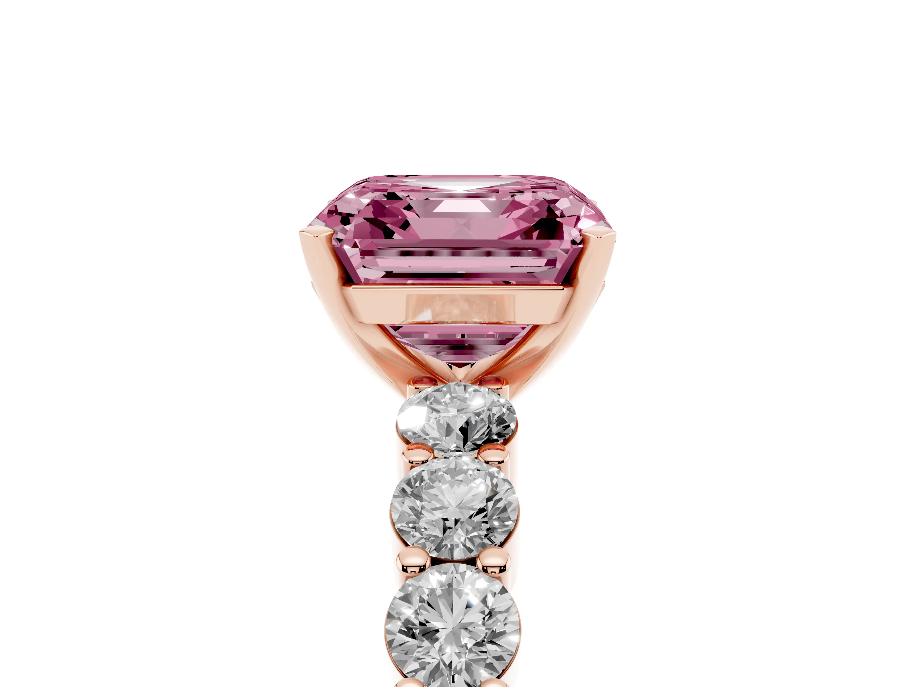Fancy Pink Asscher Cut Diamond Solitaire Ring Set in Rose gold with Shared Prong Round Side Stones