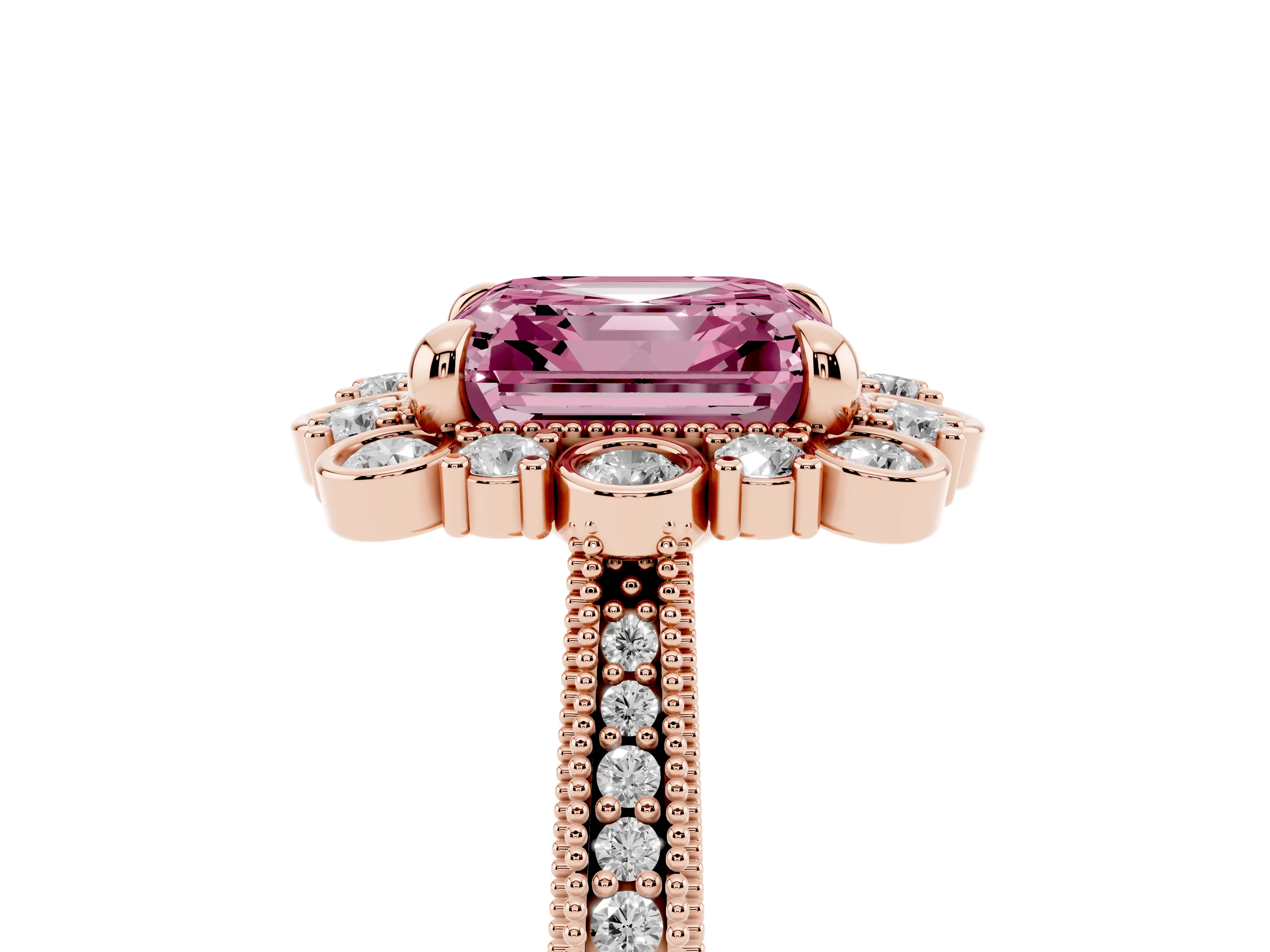Fancy Pink Asscher Cut Diamond Halo Milgrain Pavé Ring Set in Rose gold with Prong Setting