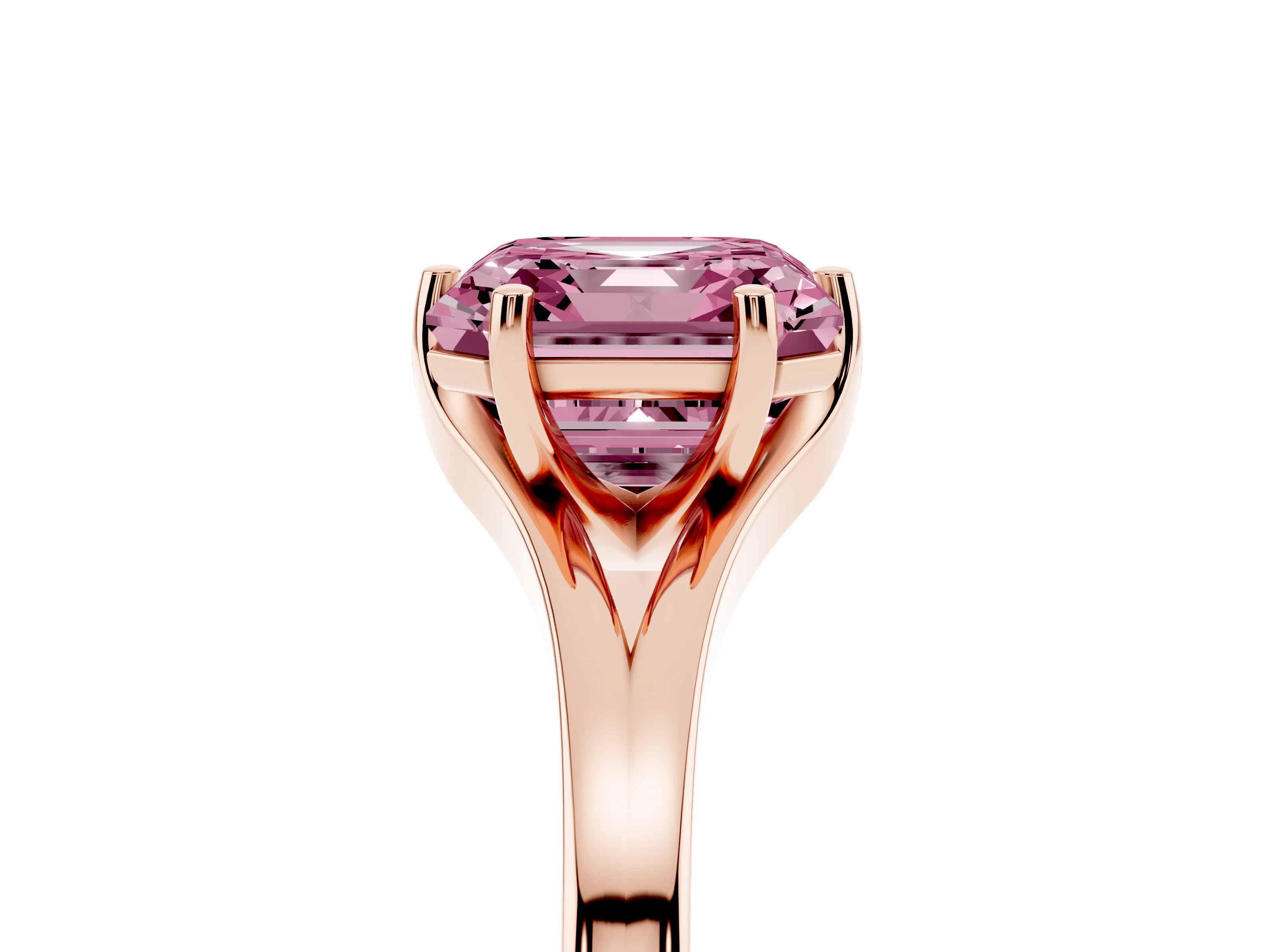 Fancy Pink Asscher Cut Diamond Solitaire Ring Set in Rose gold with Polished Tapered Band and Prong Setting