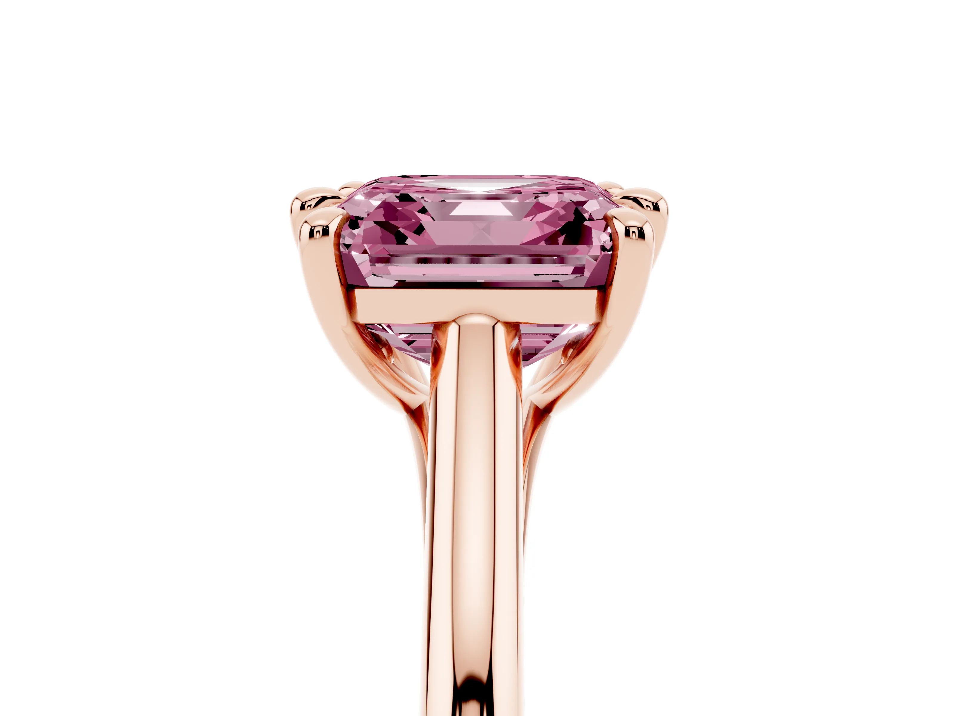 Fancy Pink Asscher Cut Diamond Solitaire Engagement Ring Set in Rose gold with Prong Setting and Plain Classic Band