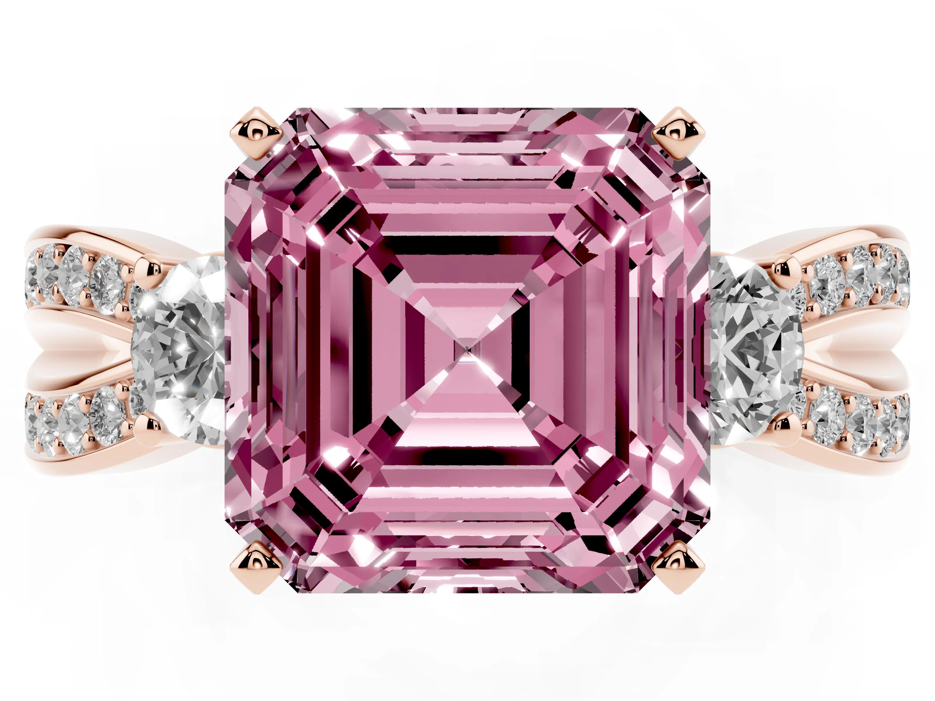 Fancy Pink Three-Stone Asscher Cut Diamond Twist Band Ring Set in Rose gold with Pavé Accents and Prong Setting