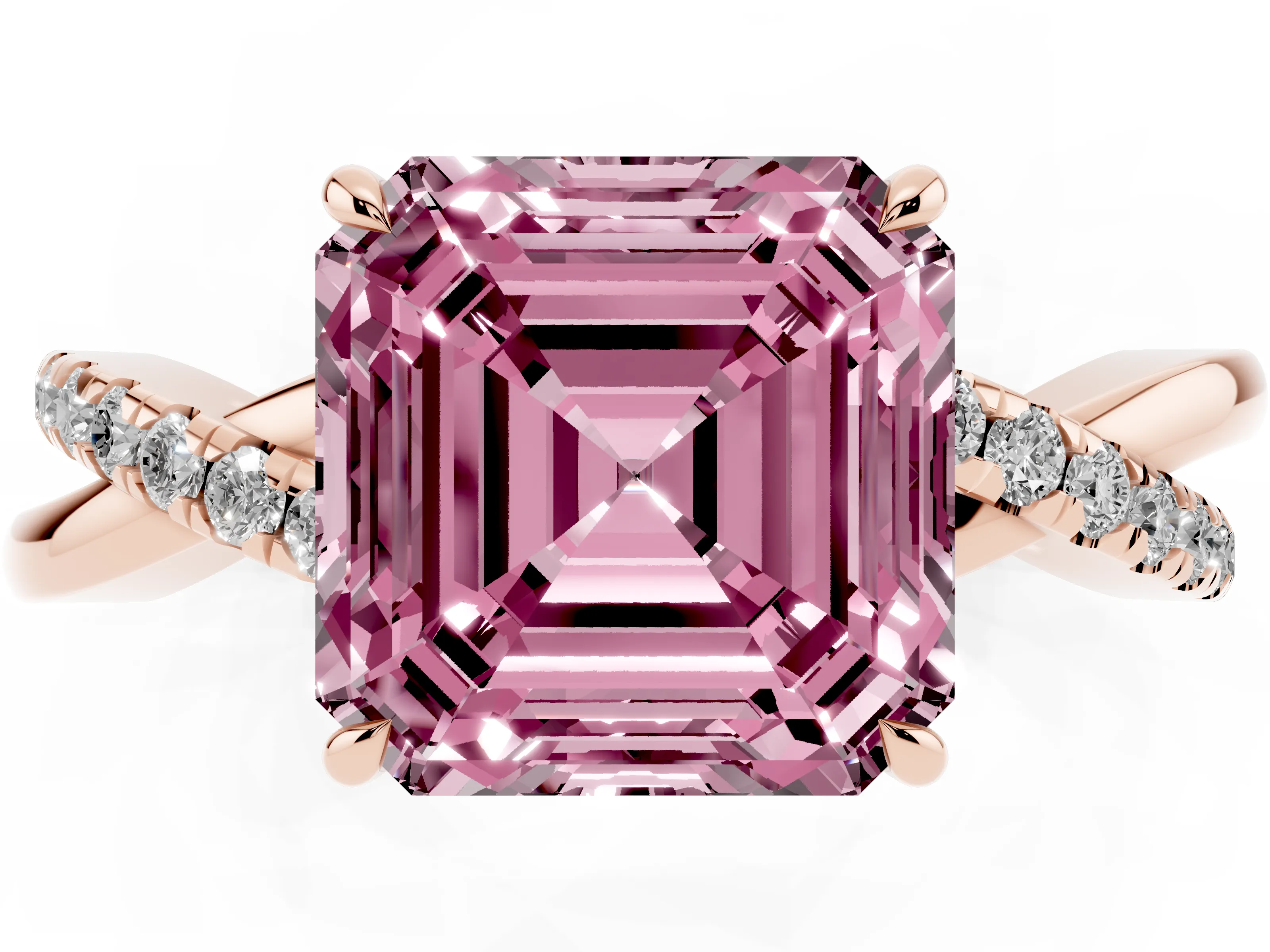 Fancy Pink Asscher Cut Diamond Twisted Pavé Band Ring Set in Rose gold with Prong Setting
