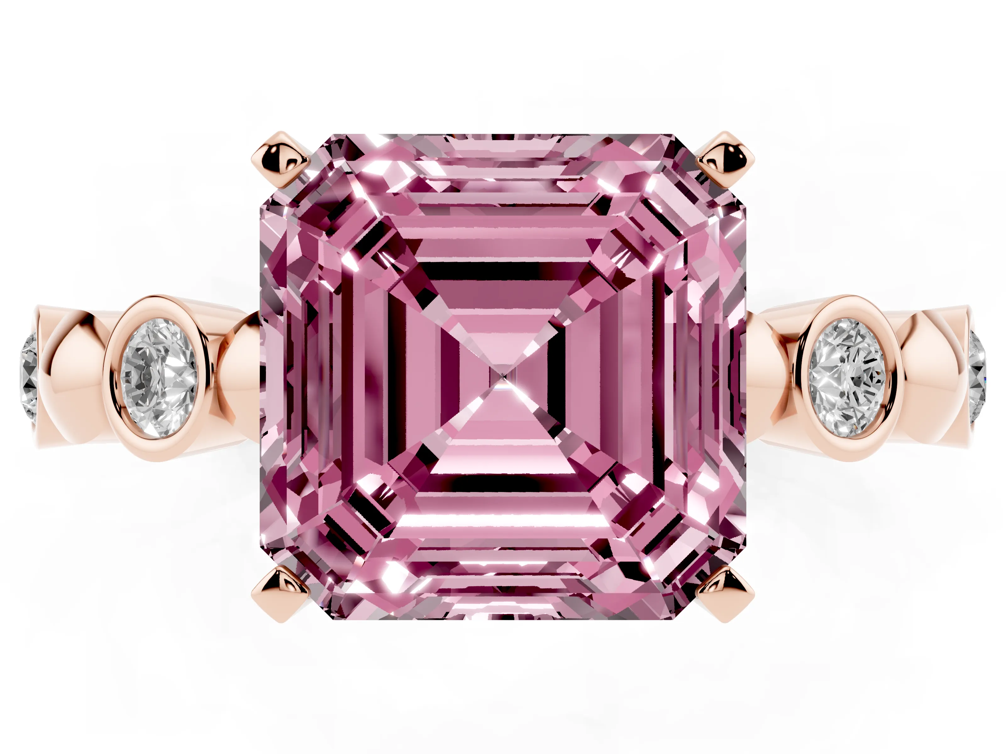Fancy Pink Asscher Cut Diamond Solitaire Ring Set in Rose gold with Bezel-Set Accents on Beaded Band and Prong Setting