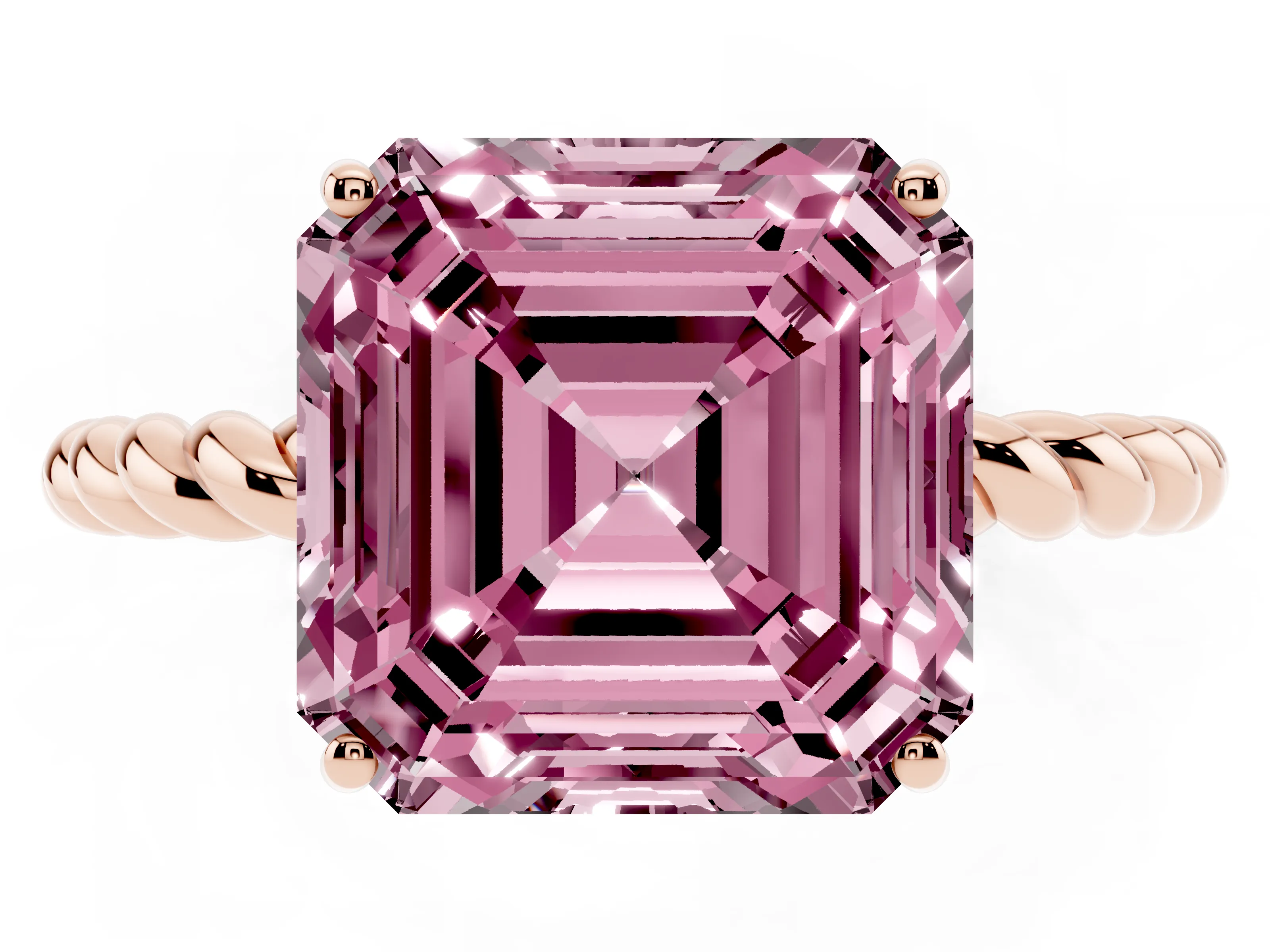 Fancy Pink Asscher Cut Diamond Solitaire Ring Set in Rose gold with Twist Band and Prong Setting