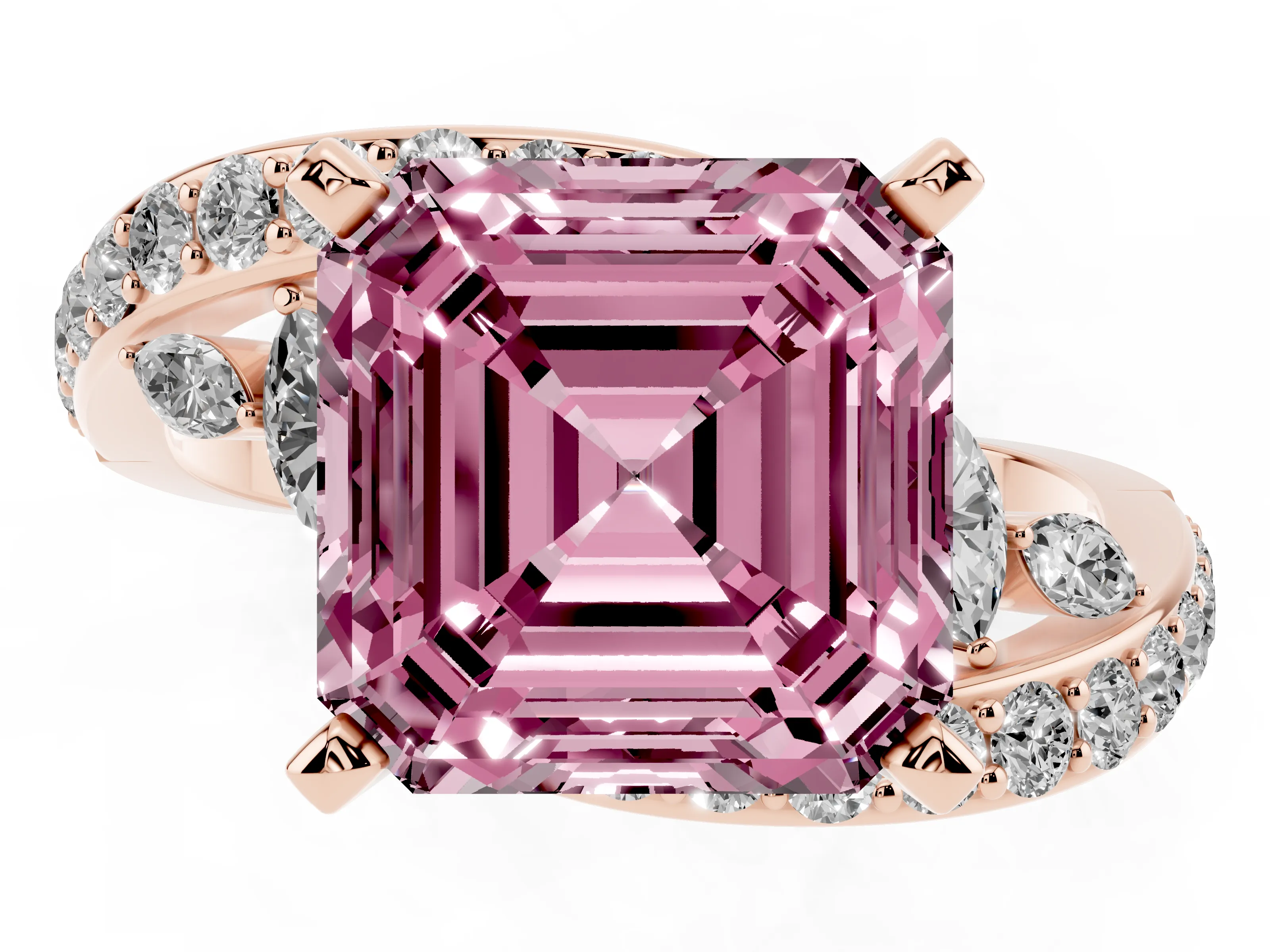 Fancy Pink Asscher Cut Diamond Solitaire Ring Set in Rose gold with Pavé Twist Band and Secure Prong Setting