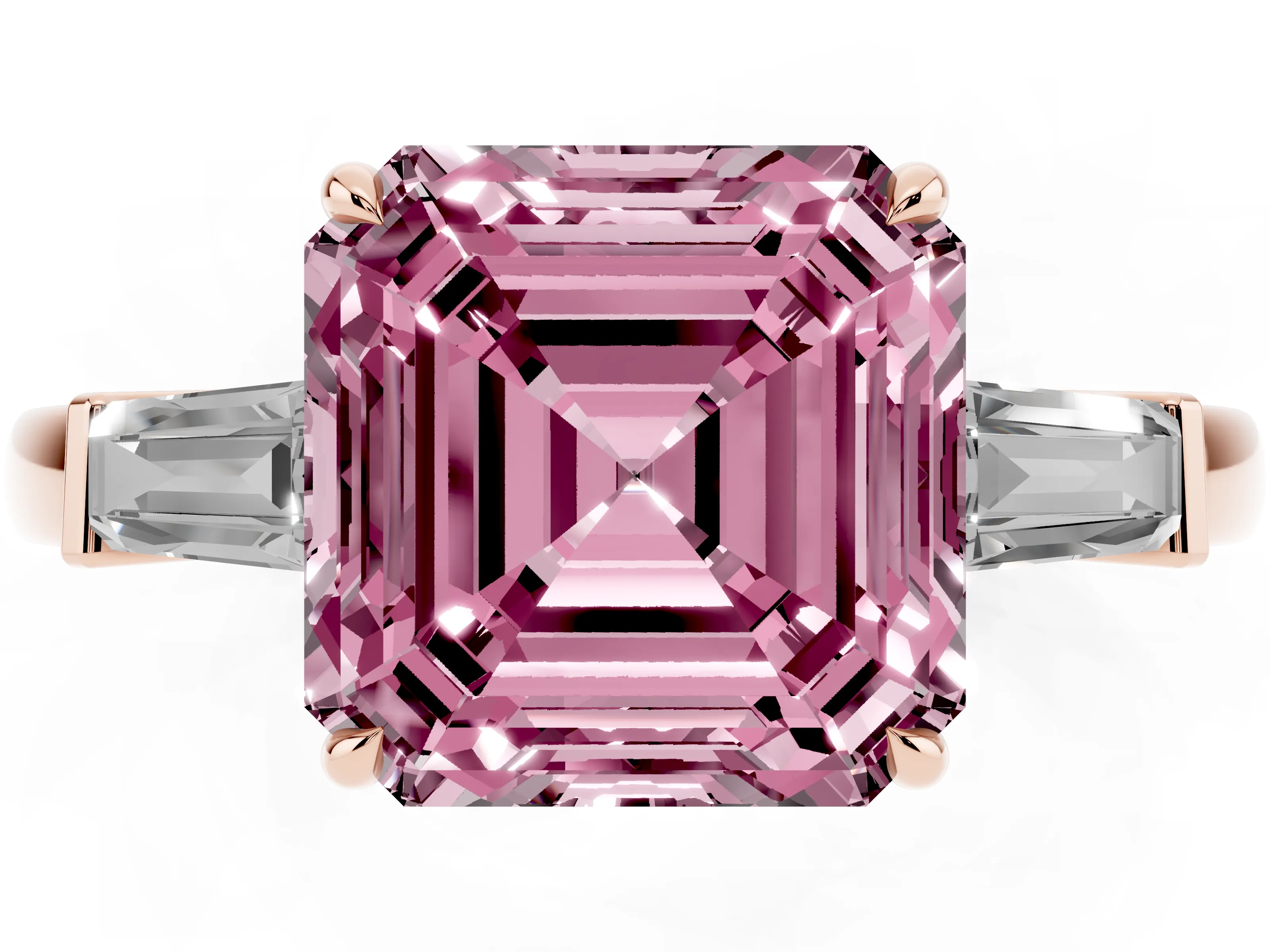 Fancy Pink Asscher Cut Diamond Three-Stone Ring Set in Rose gold with Tapered Baguette Side Stones and Prong Setting