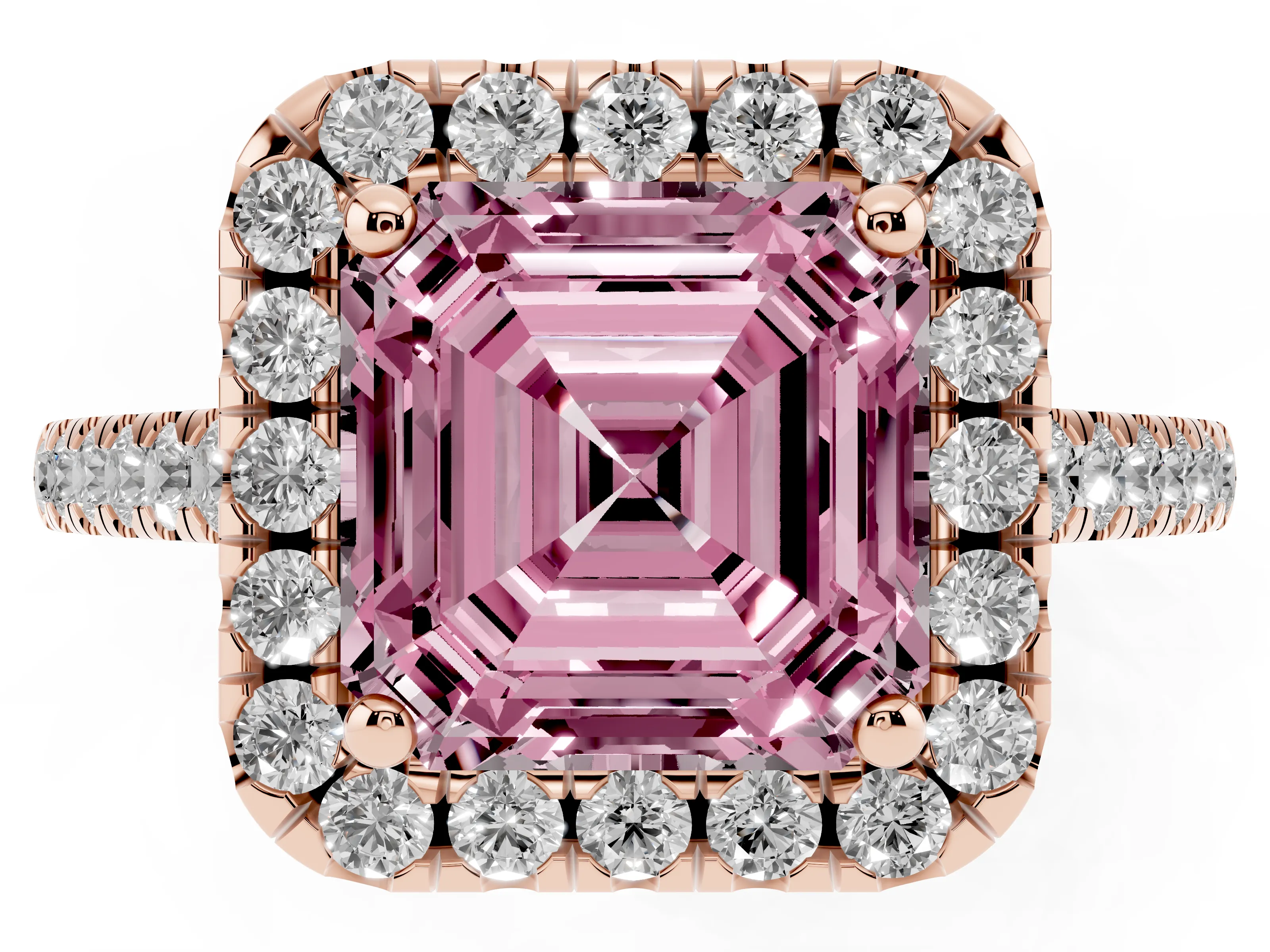 Fancy Pink Asscher Cut Diamond Pavé Halo Engagement Ring Set in Rose gold with Pavé Band and Prong Setting