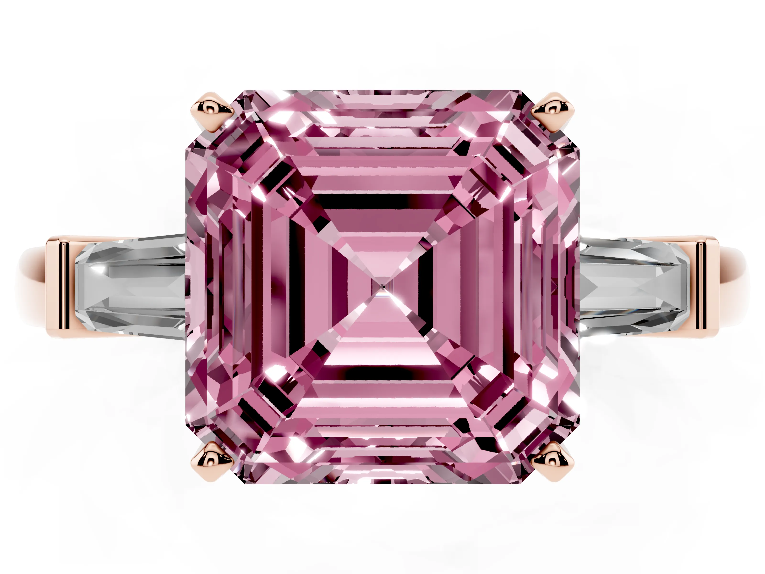 Fancy Pink Asscher Cut Diamond Solitaire Ring Set in Rose gold with Tapered Baguette Accents and Prong Setting
