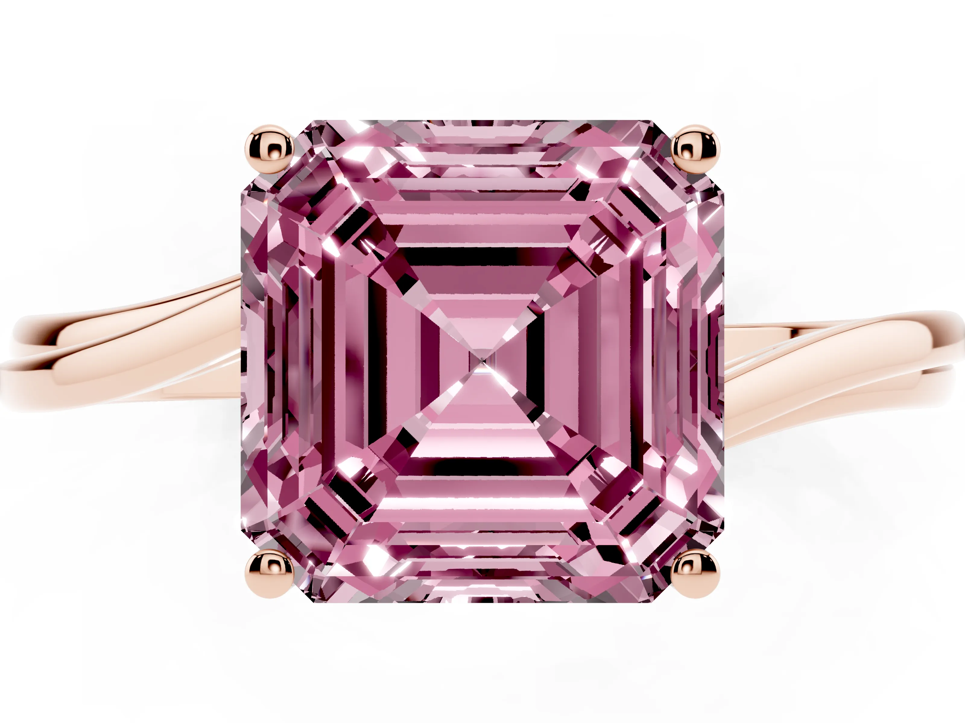 Fancy Pink Asscher Cut Diamond Solitaire Twist Band Ring Set in Rose gold with Prong Setting
