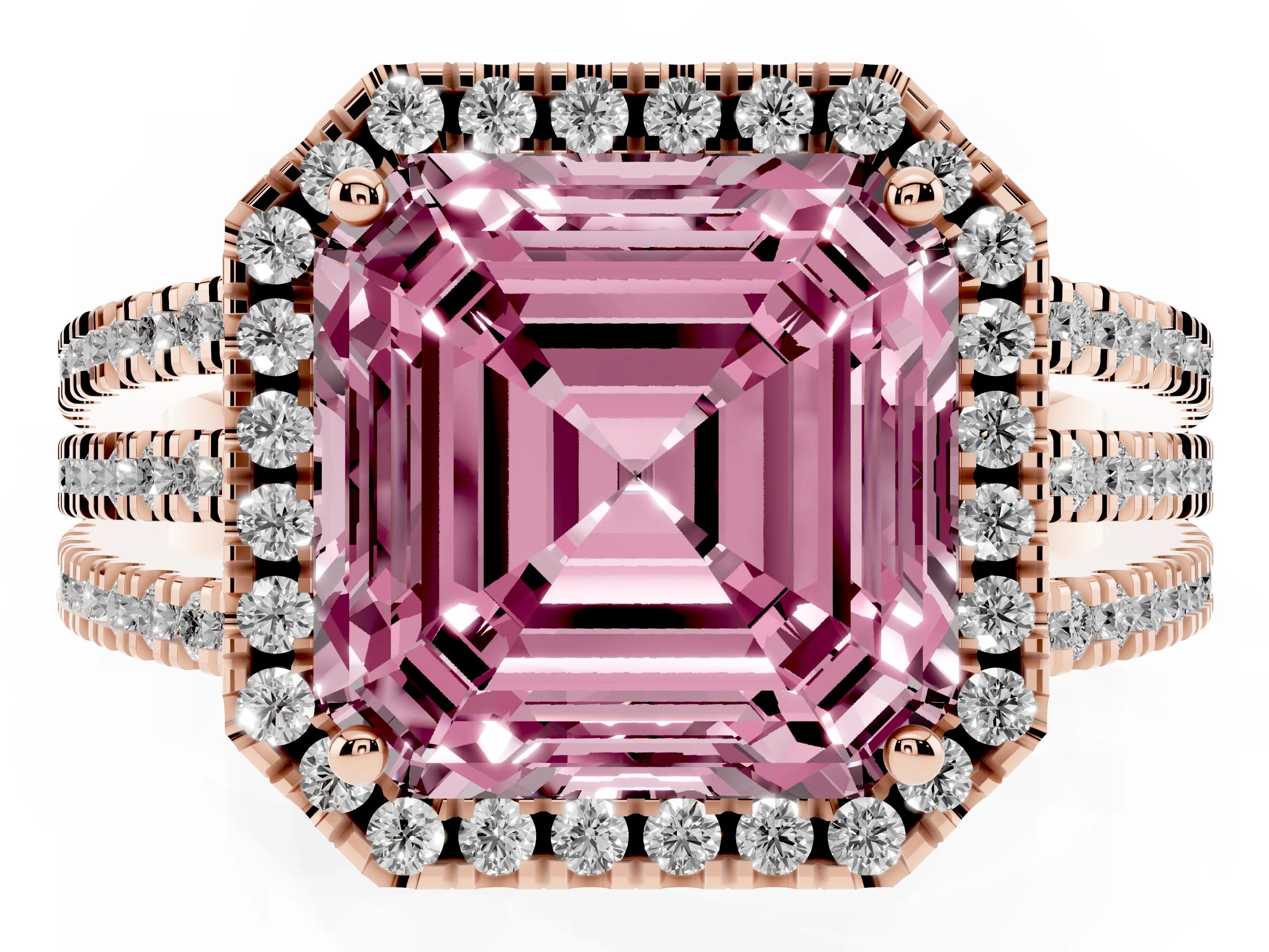 Fancy Pink Asscher Cut Diamond Halo Split Shank Engagement Ring Set in Rose gold with Prong Setting