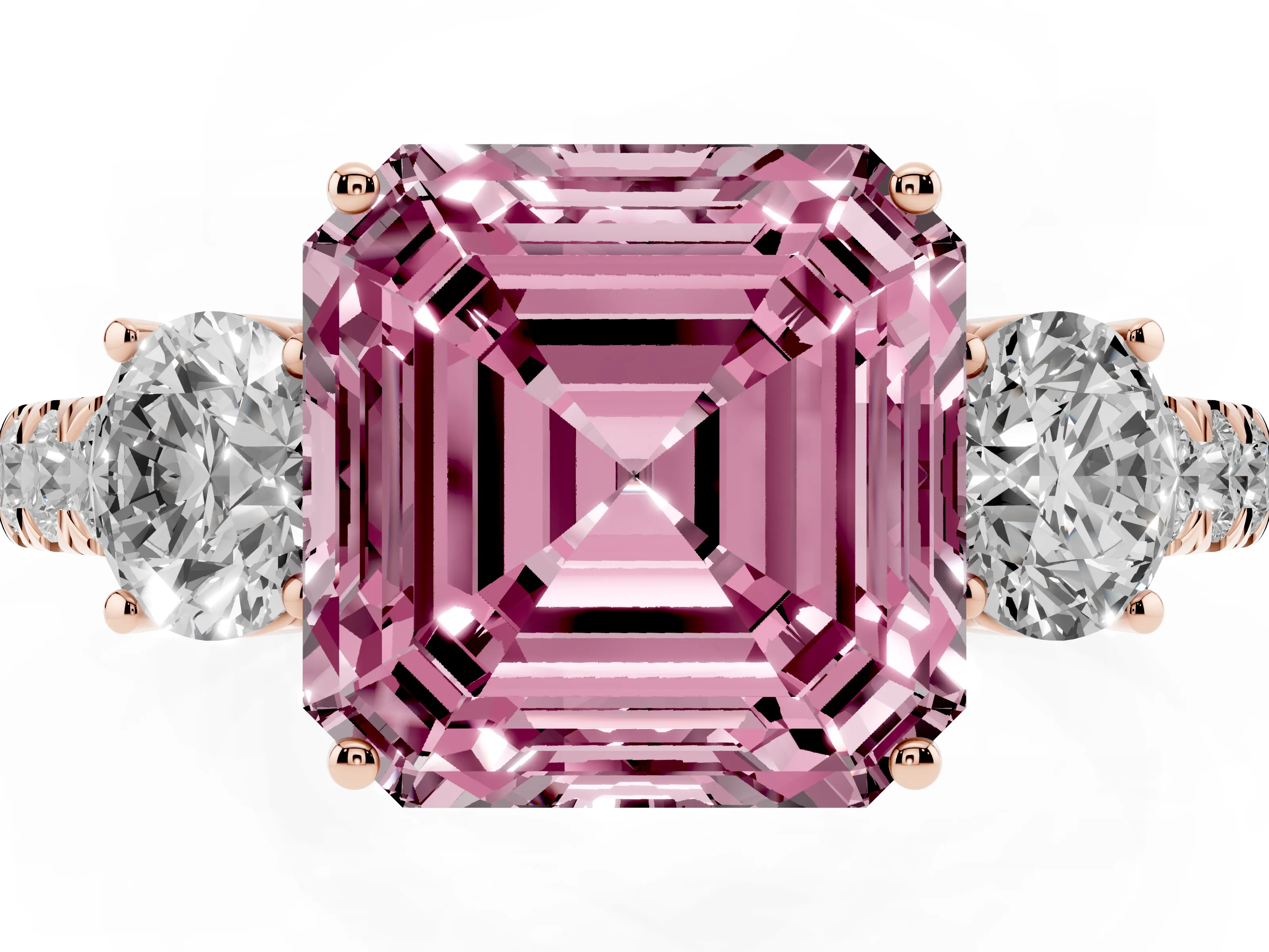 Fancy Pink Asscher Cut Diamond Three-Stone Ring Set in Rose gold with Round Side Stones and Delicate Pavé Band