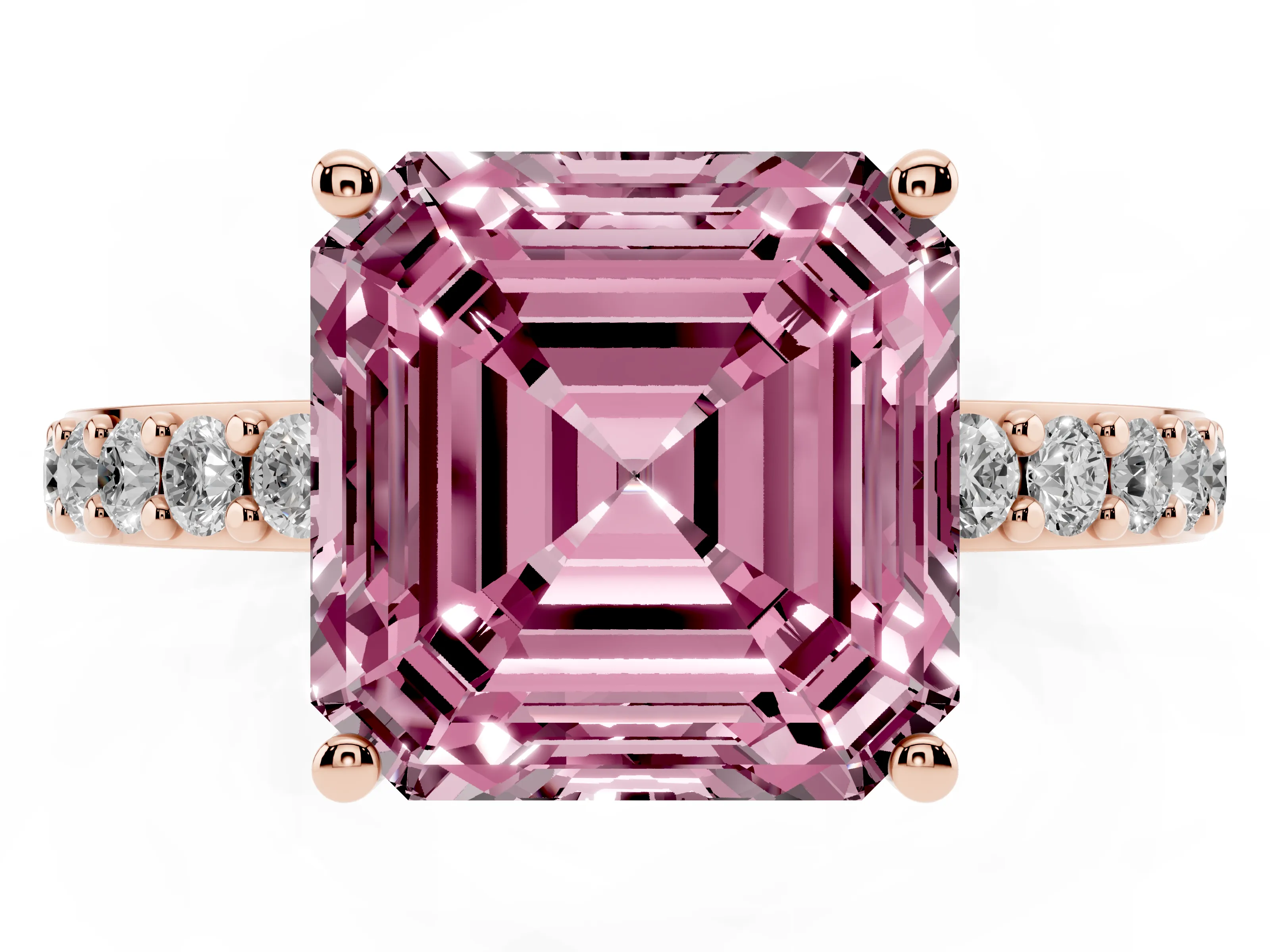 Fancy Pink Asscher Cut Diamond Solitaire Set in Rose gold with Round Pavé Band and Prong Setting