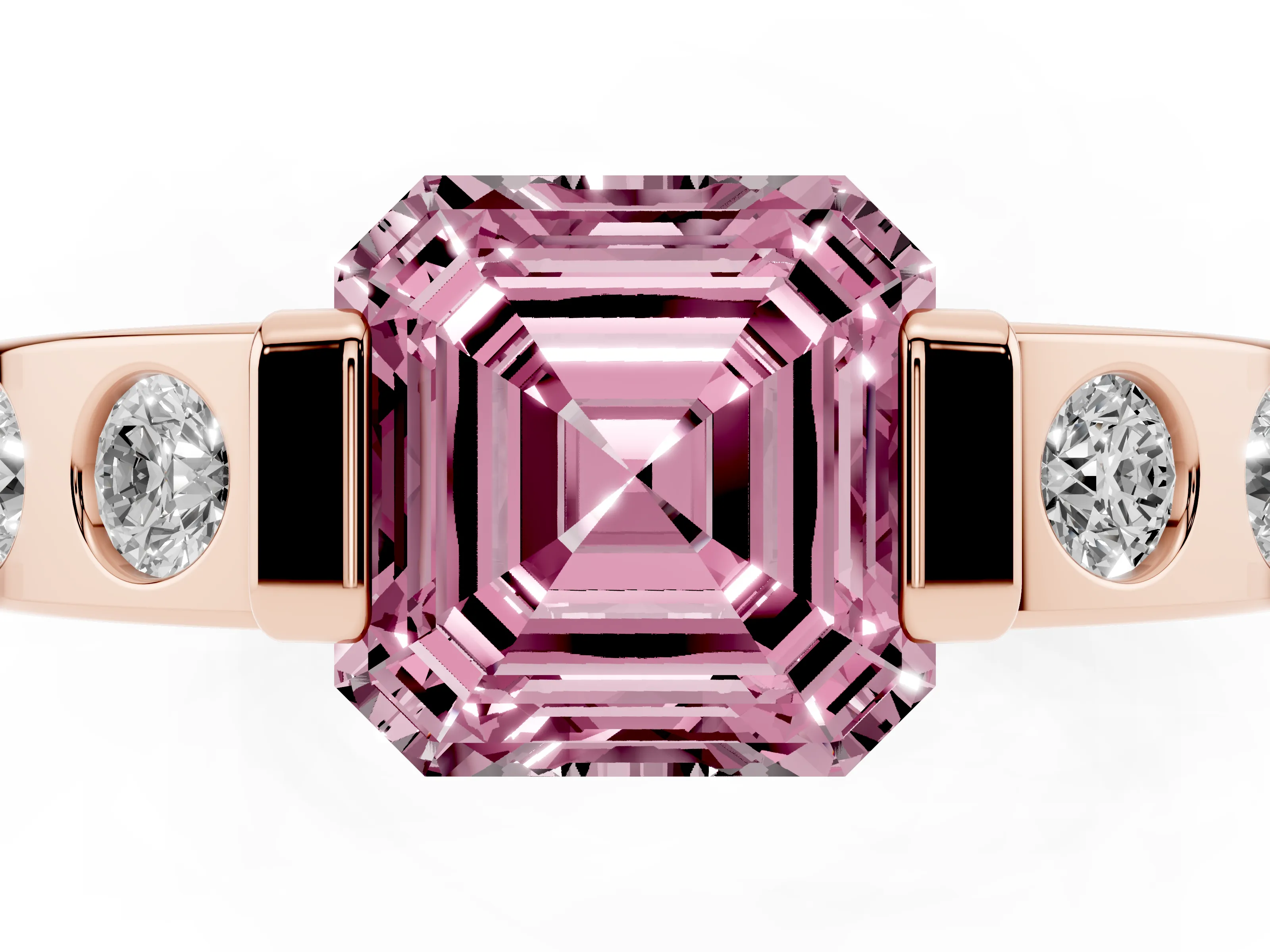 Fancy Pink Asscher Cut Diamond Channel-Set Band Ring Set in Rose gold with Bezel Prong Setting