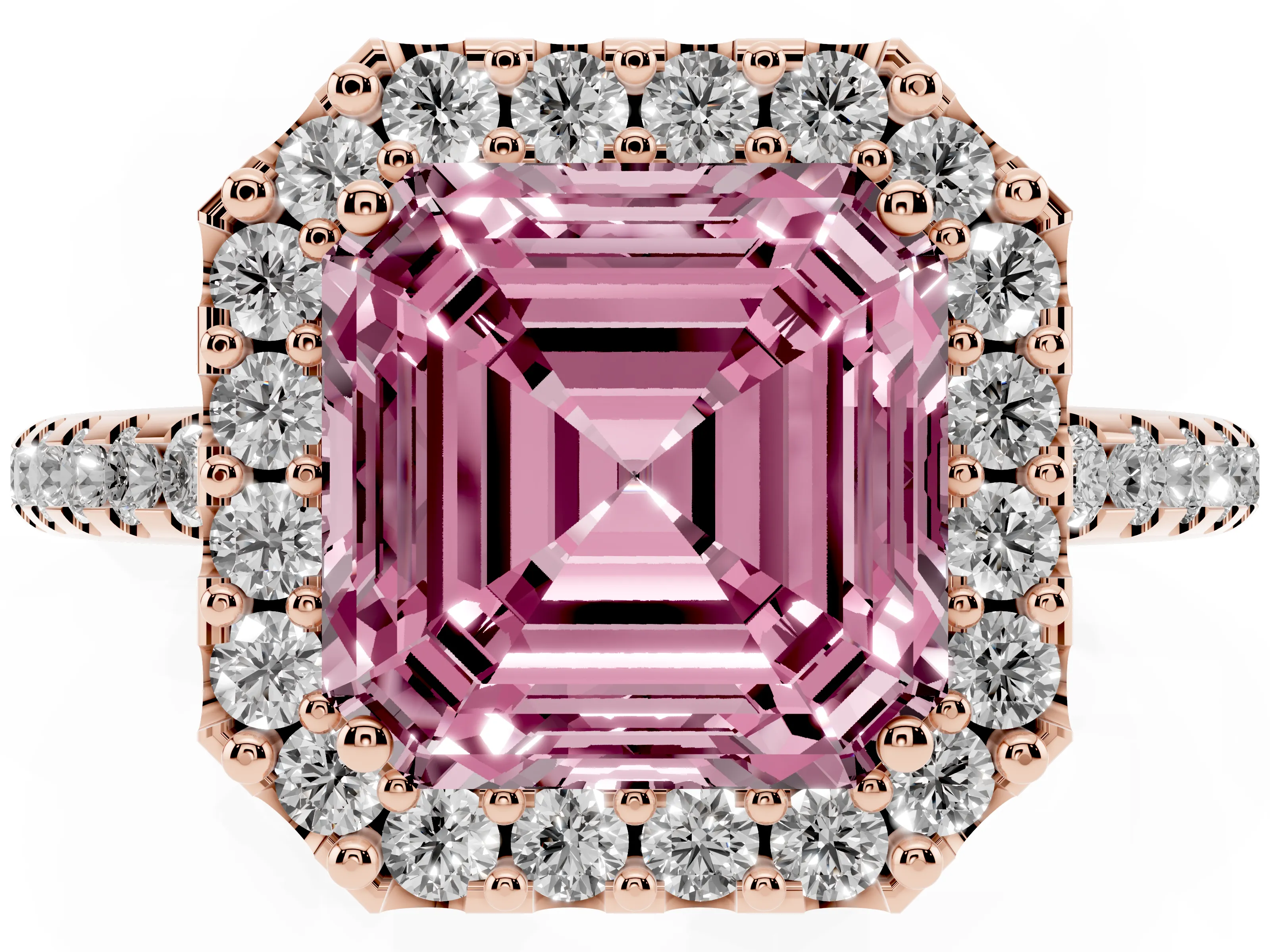 Fancy Pink Asscher Cut Diamond Pavé Halo Ring Set in Rose gold with Prong Setting