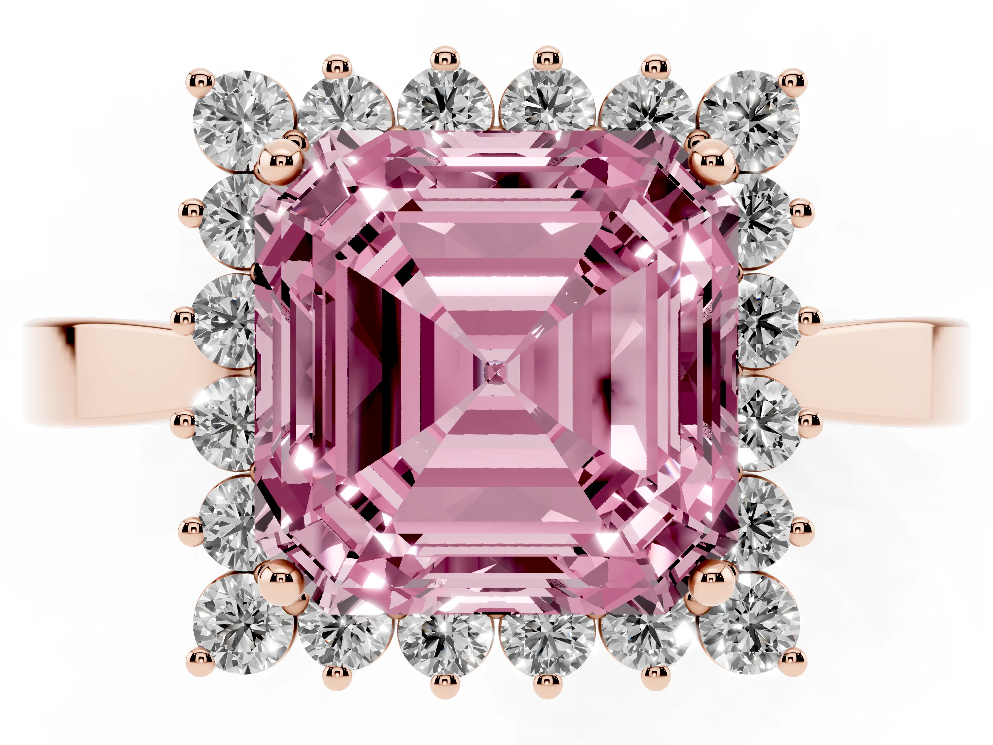 Fancy Pink Asscher Cut Diamond Halo Ring Set in Rose gold with Round Halo and Smooth Solitaire Band
