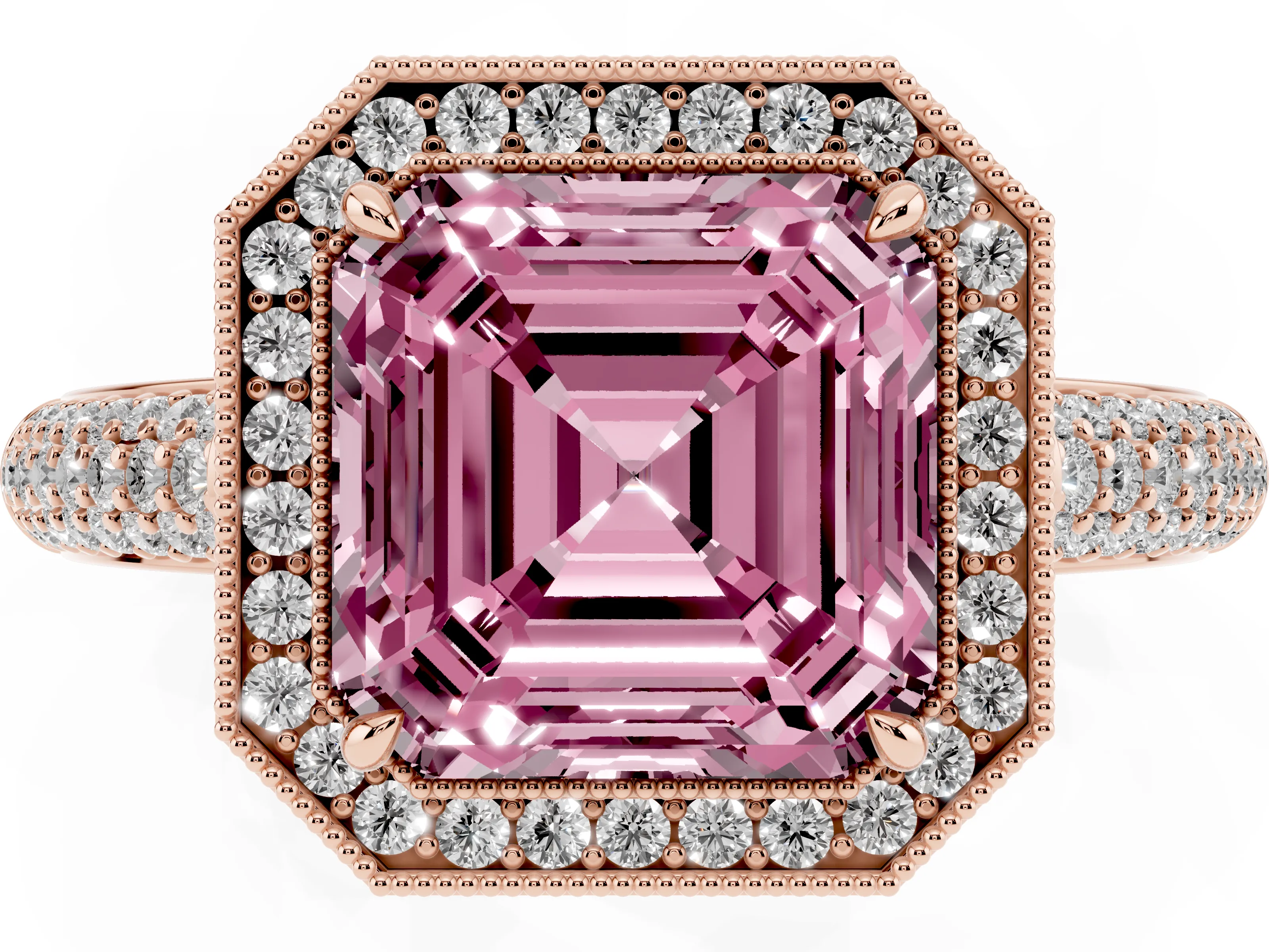 Fancy Pink Asscher Cut Diamond Halo Pavé Band Set in Rose gold with Prong Setting