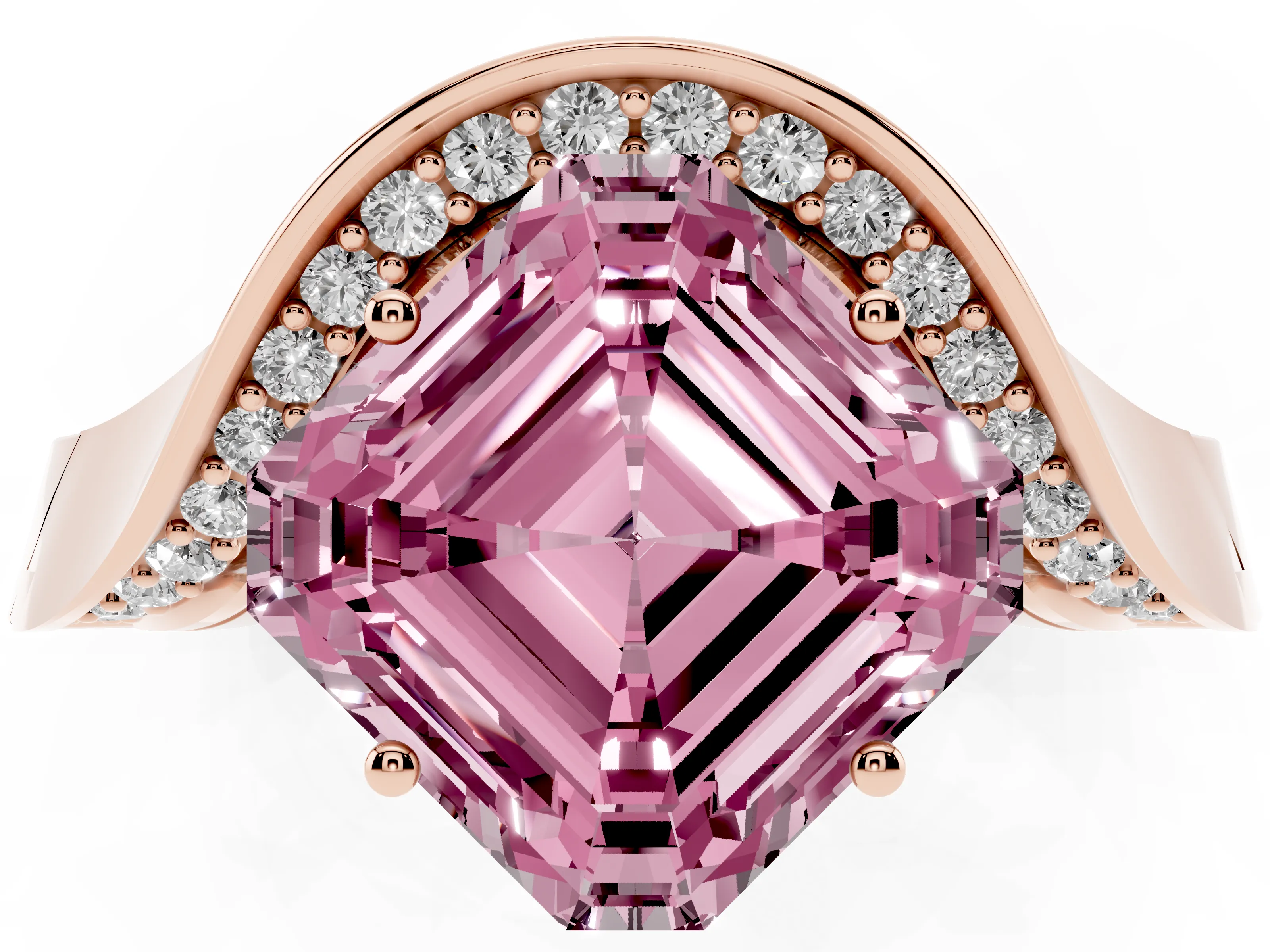 Fancy Pink Asscher Cut Diamond Solitaire Engagement Ring Set in Rose gold with Pavé Shoulders