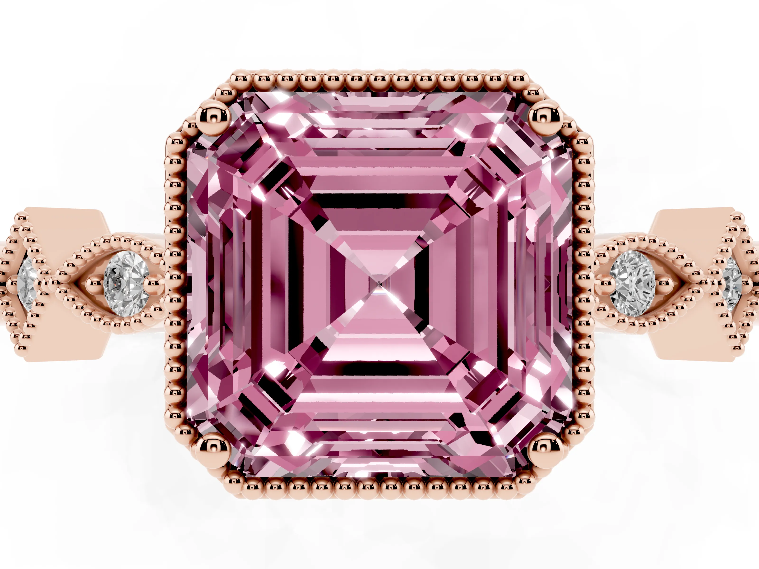 Fancy Pink Asscher Cut Diamond Milgrain Marquise Twist Band Ring Set in Rose gold with Prong Setting