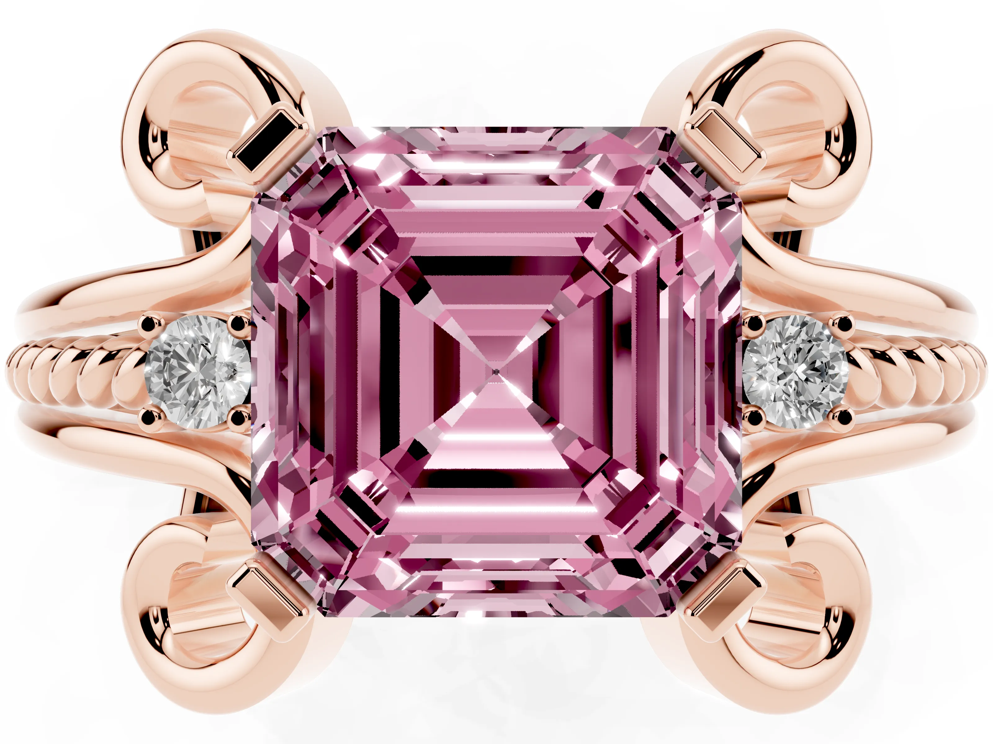Fancy Pink Asscher Cut Diamond Twisted Band Solitaire Ring Set in Rose gold with Scroll Prongs