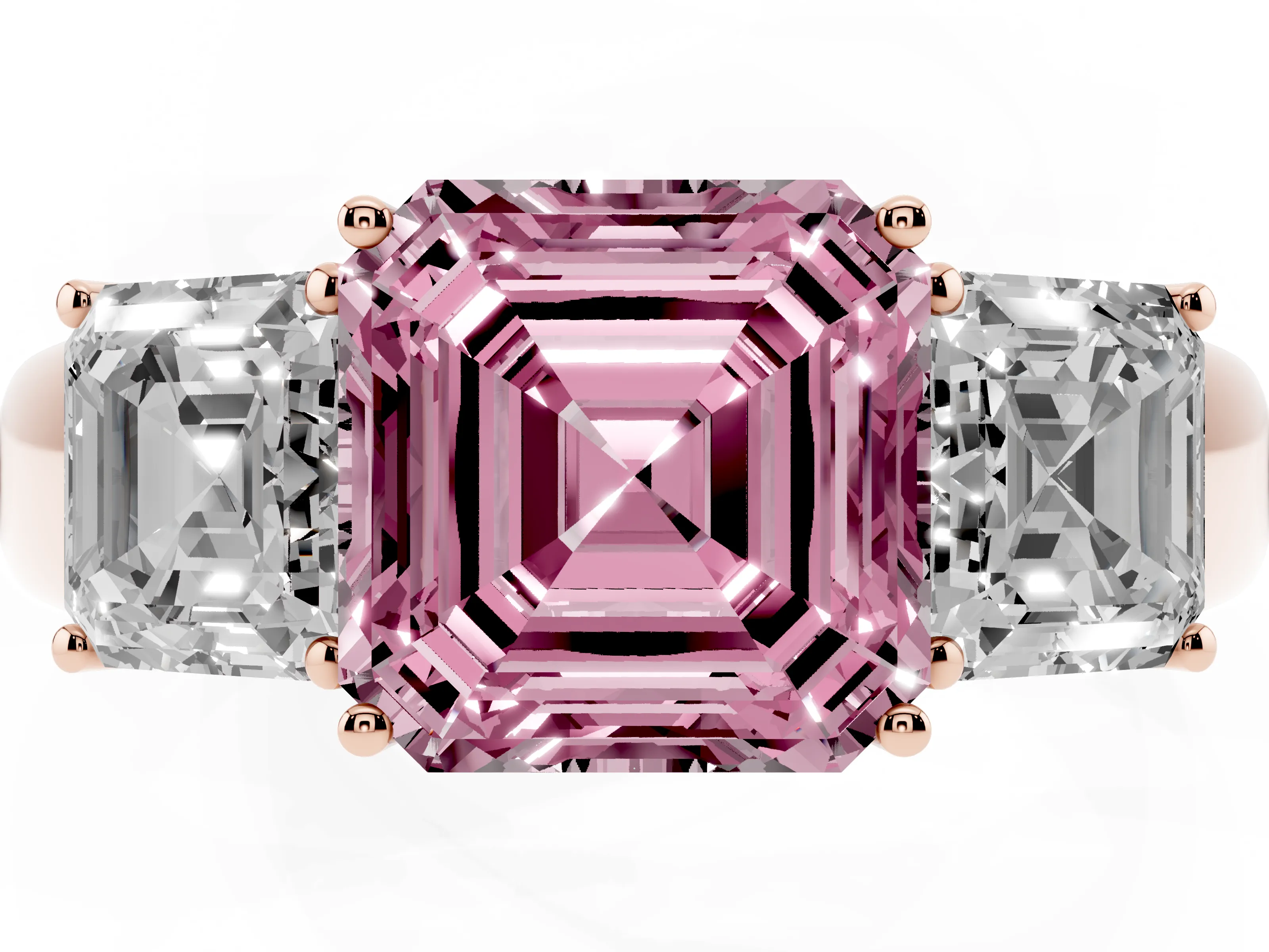 Fancy Pink Three-Stone Asscher Cut Diamond Ring Set in Rose gold with Matching Prong Settings and Plain Band