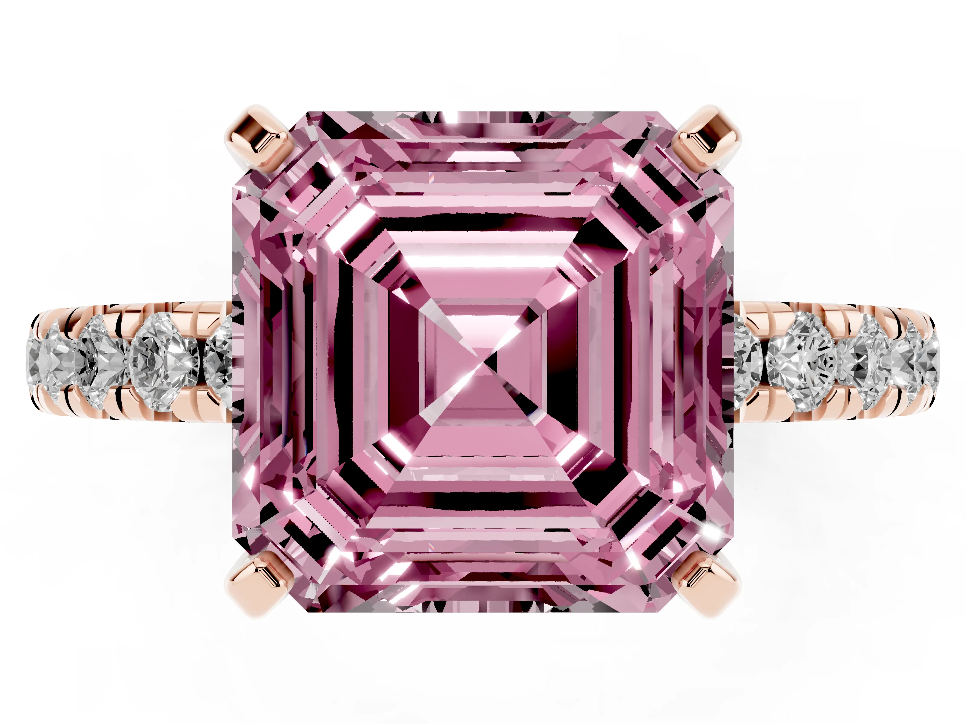 Fancy Pink Asscher Cut Diamond Pavé Solitaire Ring Set in Rose gold with Round Band and Prong Setting