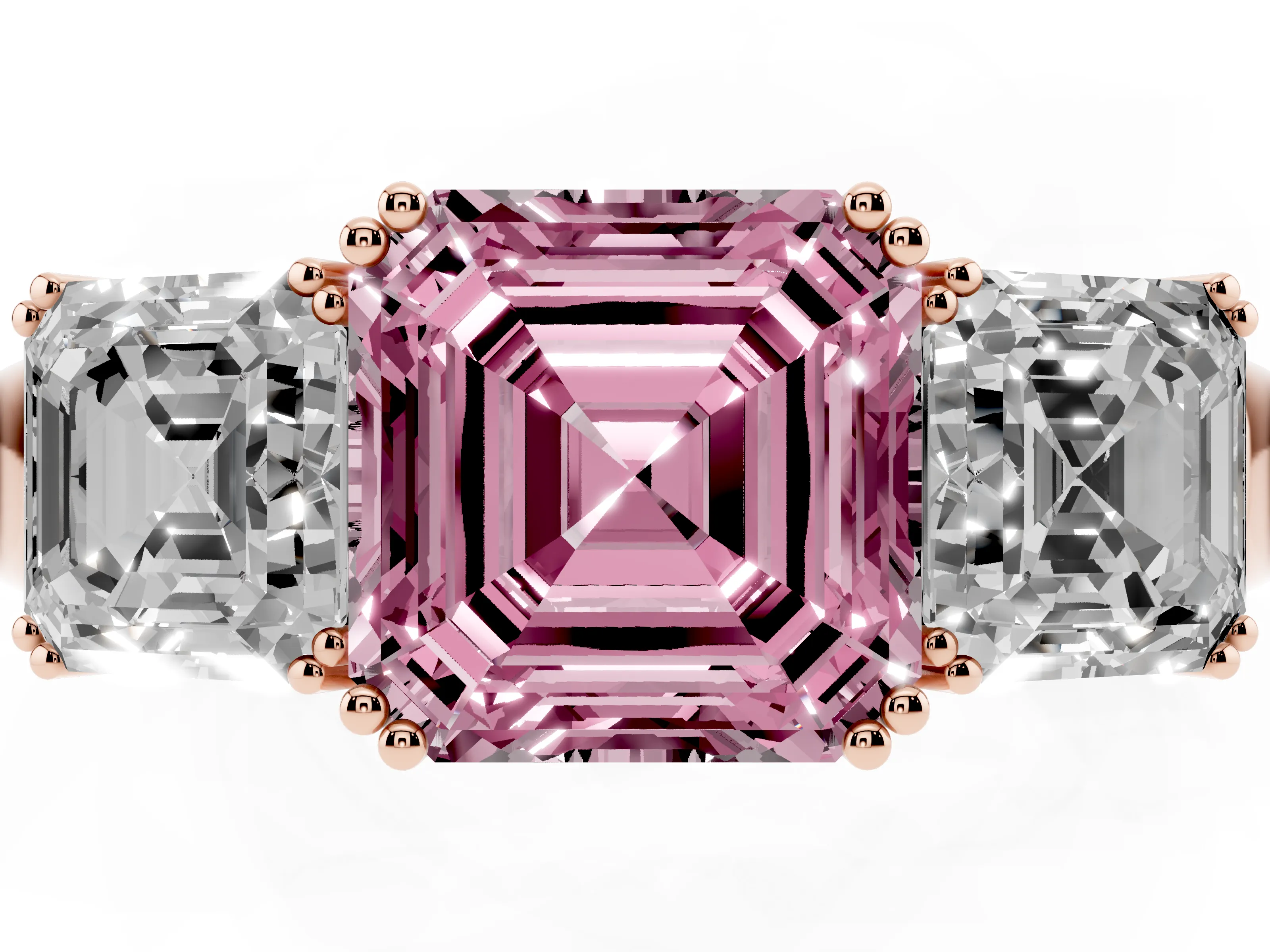 Fancy Pink Asscher Cut Diamond Three-Stone Ring Set in Rose gold with Polished Band and Prong Setting