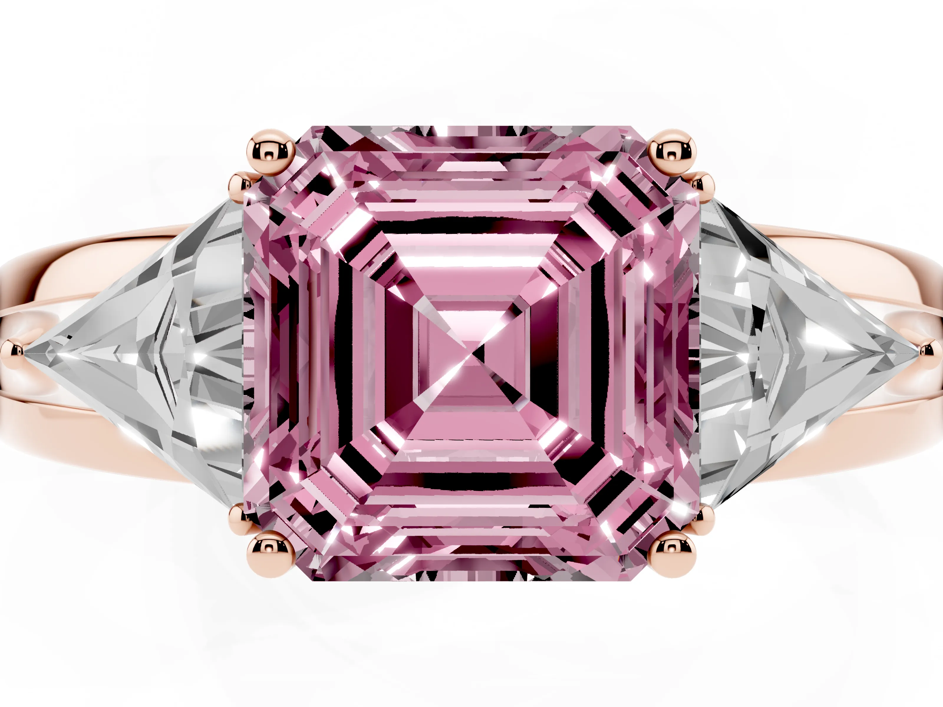 Fancy Pink Asscher Cut Diamond Three-Stone Ring Set in Rose gold with Trillion Side Stones and Split Shank
