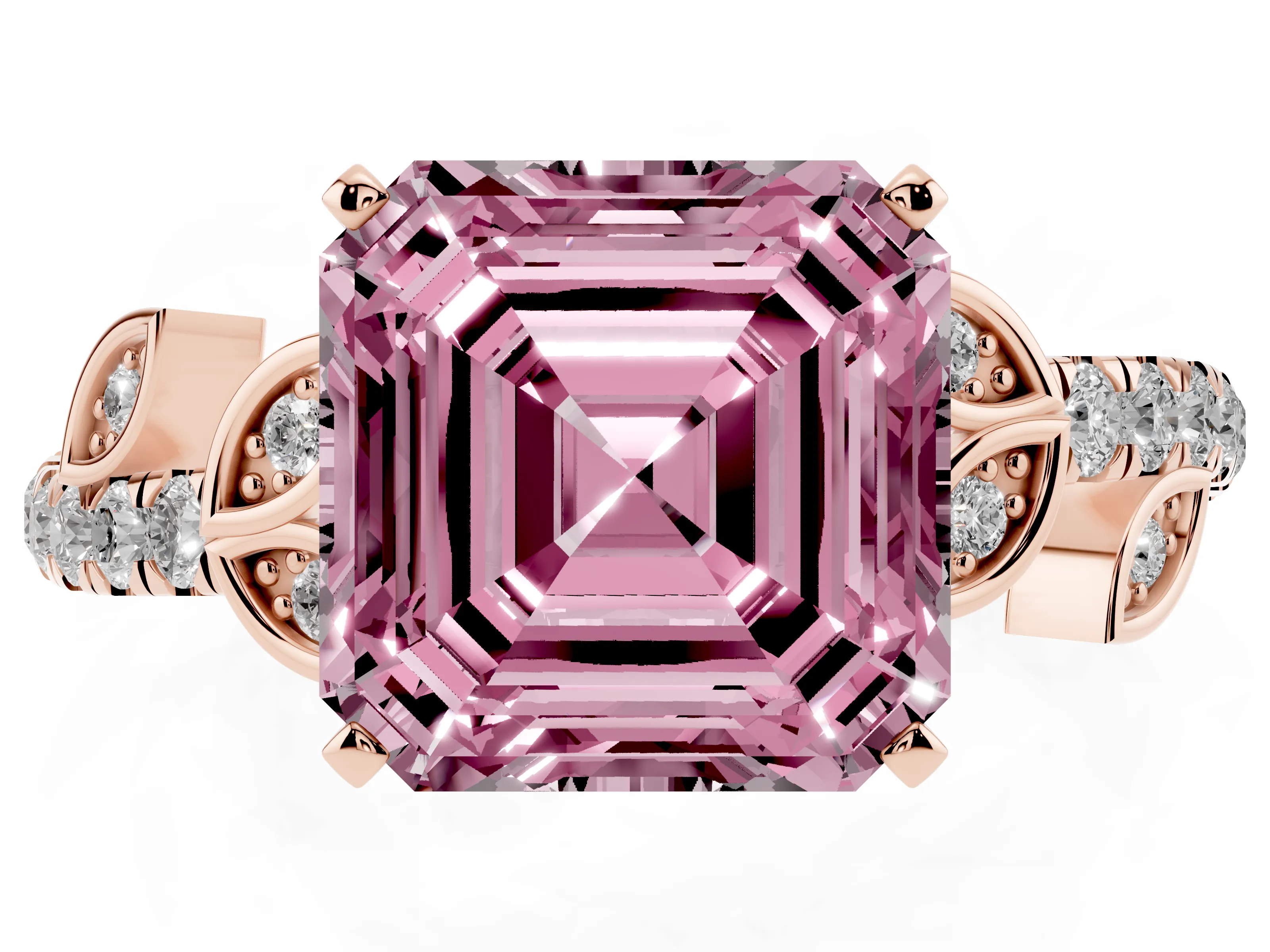 Fancy Pink Asscher Cut Diamond Solitaire Leaf-Inspired Ring Set in Rose gold with Pavé Band and Prong Setting