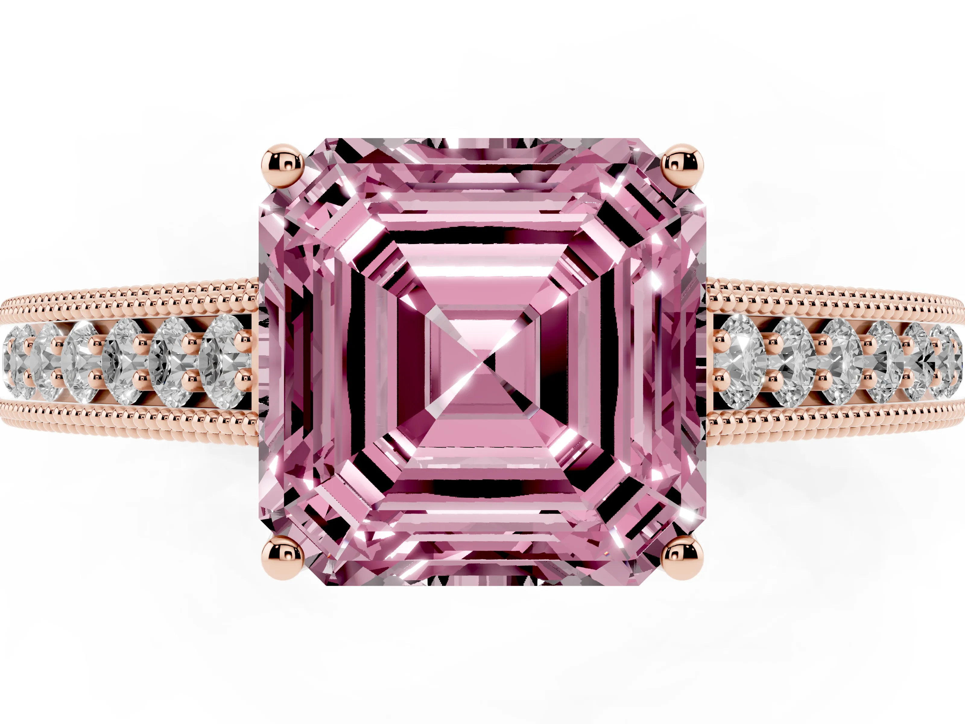 Fancy Pink Asscher Cut Diamond Milgrain Pavé Band Solitaire Ring Set in Rose gold with Prong Setting
