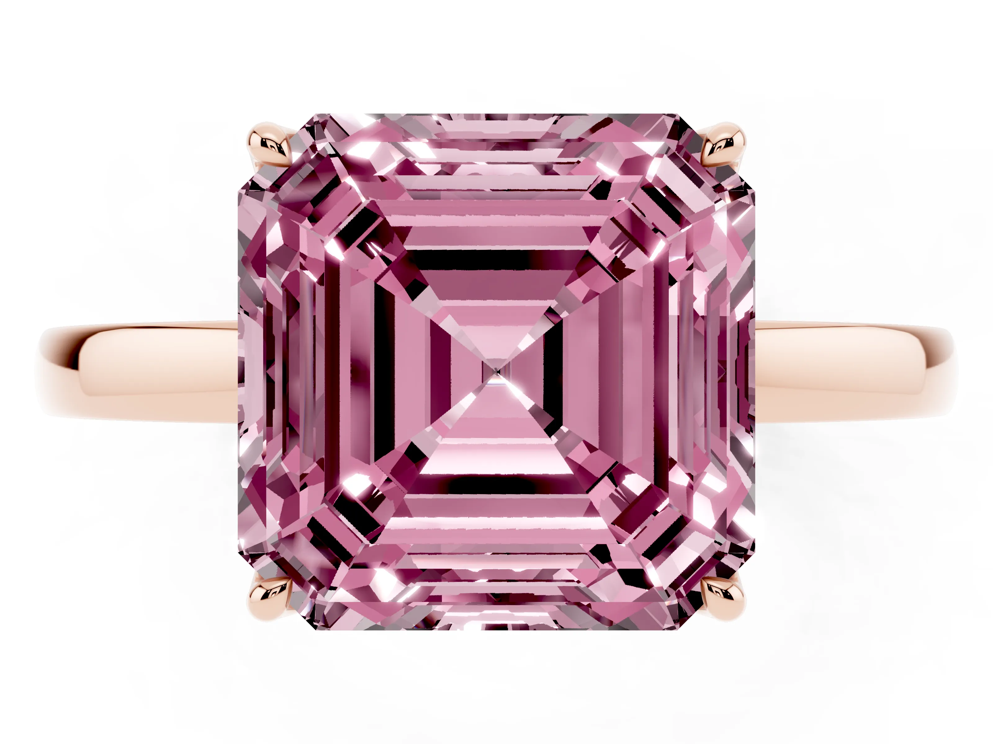 Fancy Pink Asscher Cut Diamond Solitaire Ring Set in Rose gold with Prong Setting and Thin Polished Band