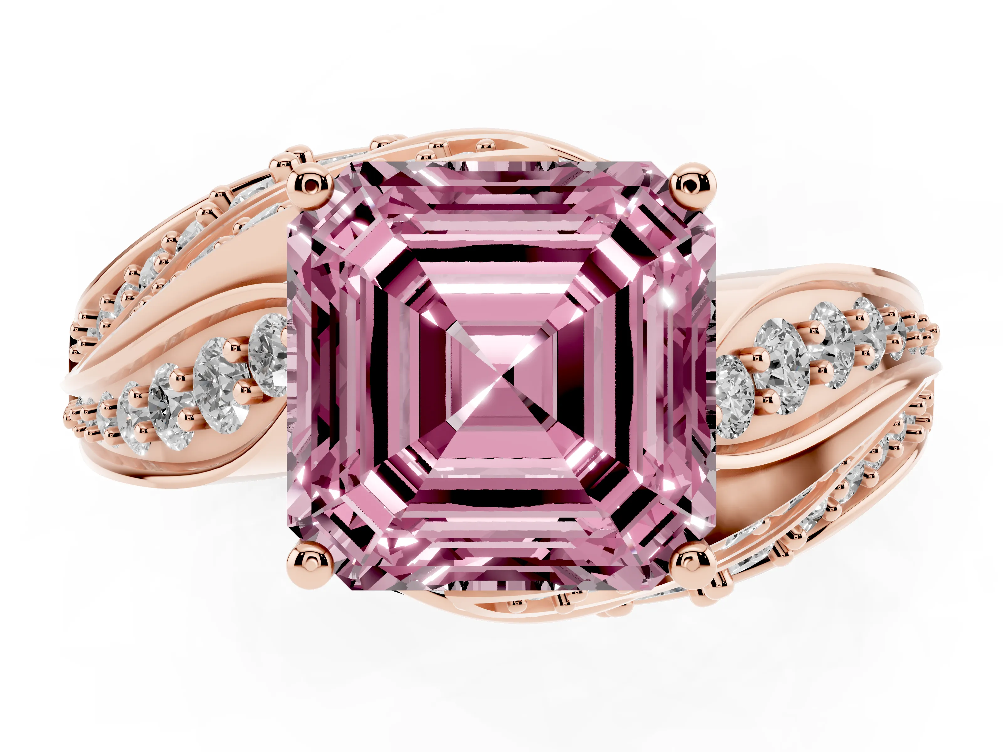 Fancy Pink Asscher Cut Diamond Solitaire Ring Set in Rose gold with Layered Twist Pavé Band