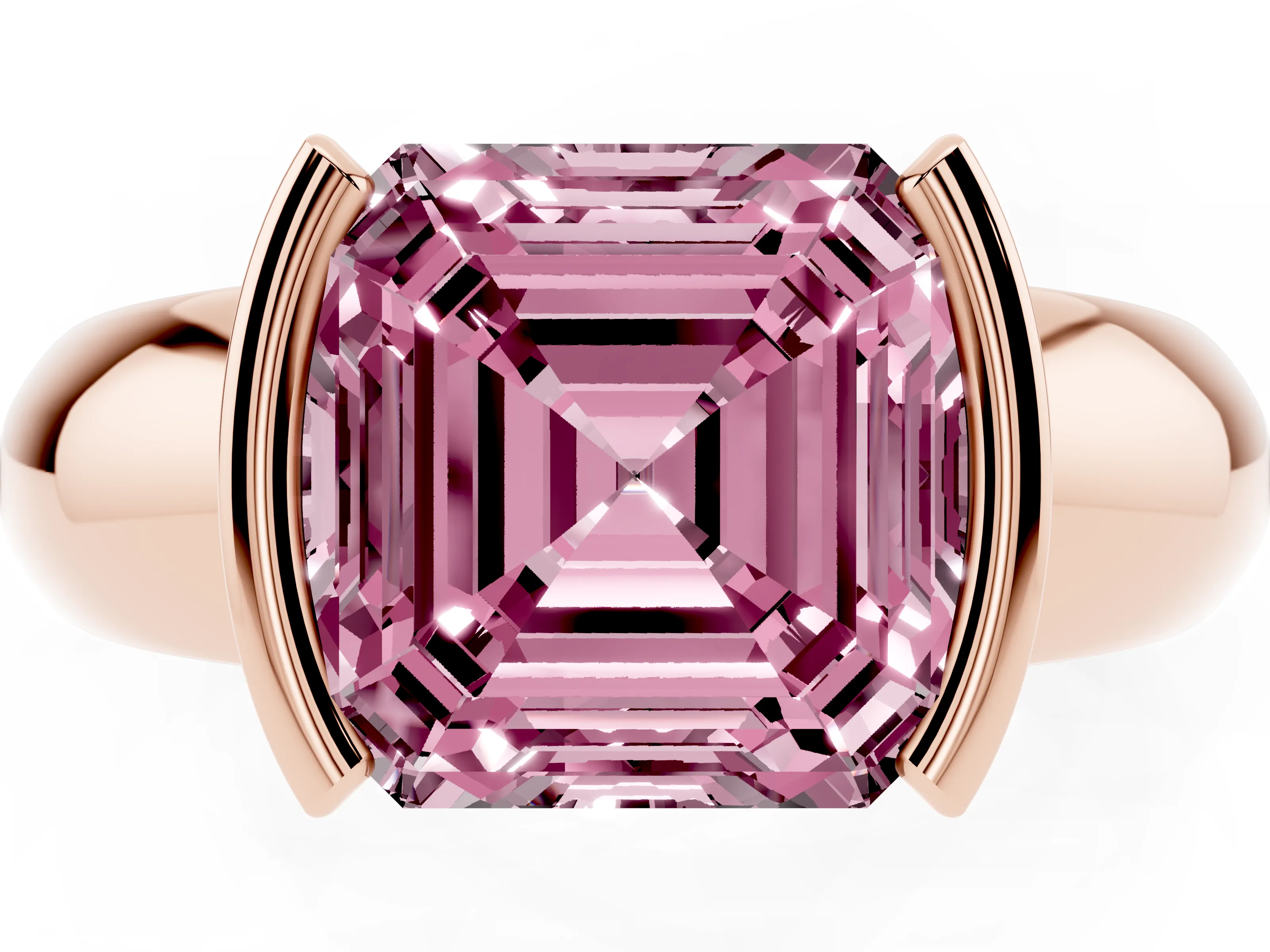 Fancy Pink Asscher Cut Diamond Solitaire Tension Set Ring Set in Rose gold with Wide Band