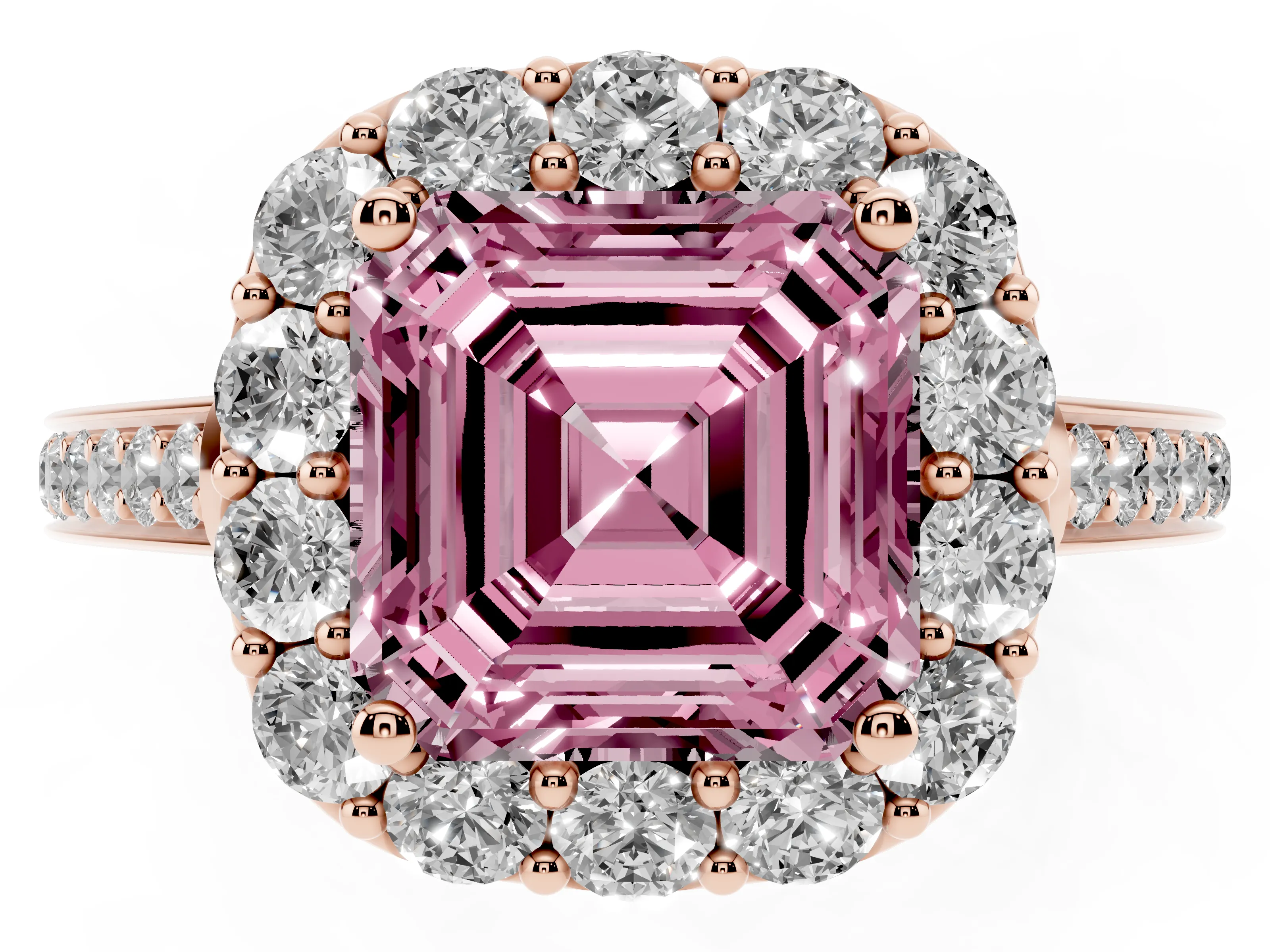 Fancy Pink Asscher Cut Diamond Floral Halo Ring Set in Rose gold with Pavé Band and Prong Setting