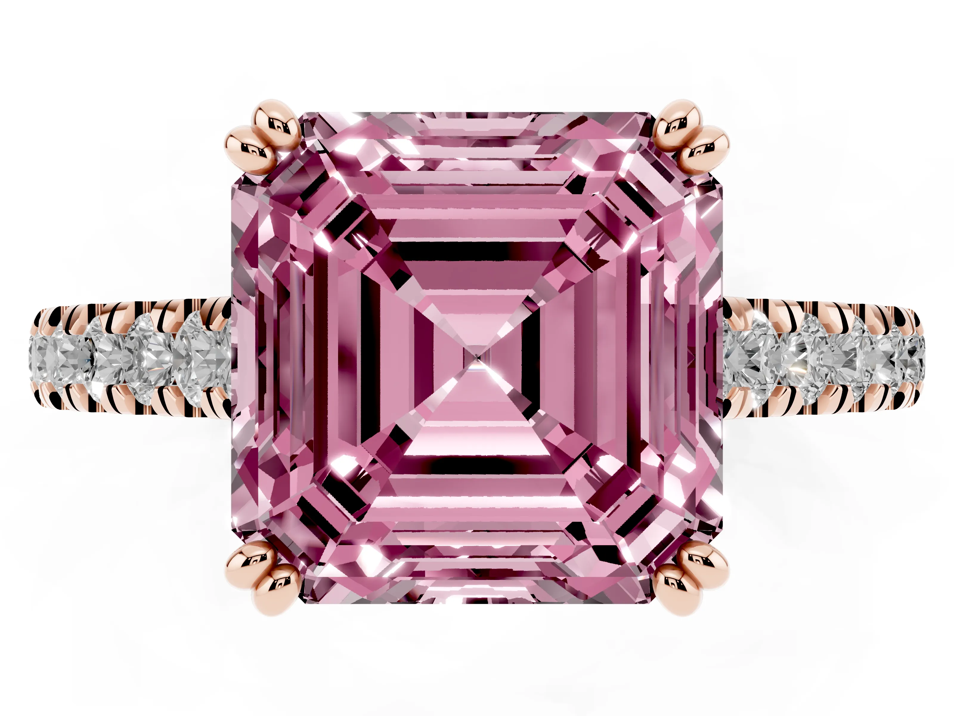 Fancy Pink Asscher Cut Diamond Solitaire Engagement Ring Set in Rose gold with Pavé Accents and Prong Setting
