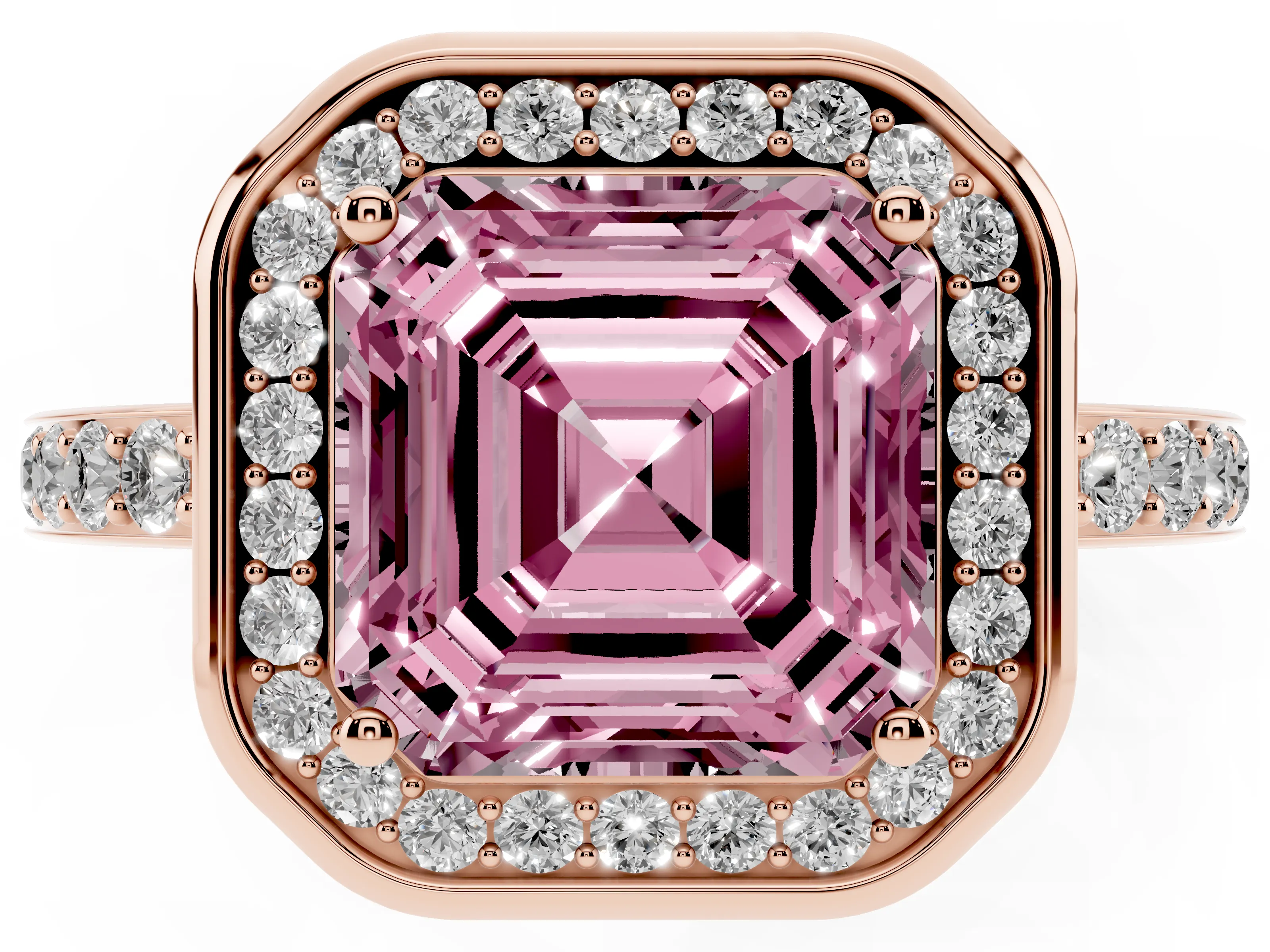 Fancy Pink Asscher Cut Diamond Halo Ring Set in Rose gold with Bezel Frame and Pavé Band
