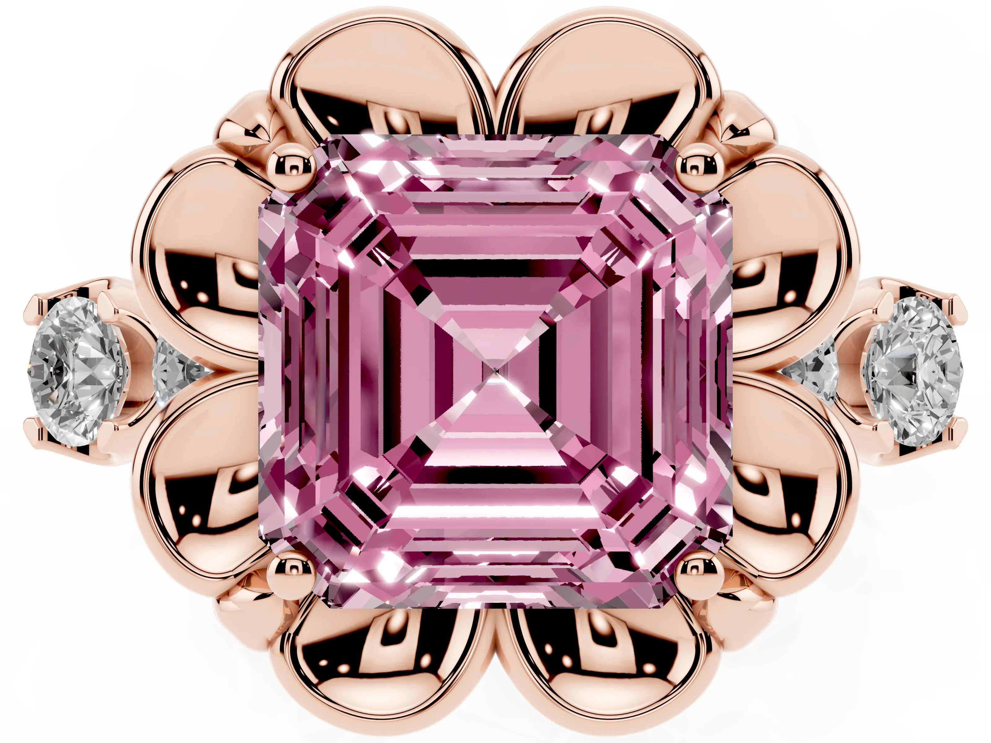 Fancy Pink Asscher Cut Diamond Floral Halo Ring Set in Rose gold with Shared Prong Band