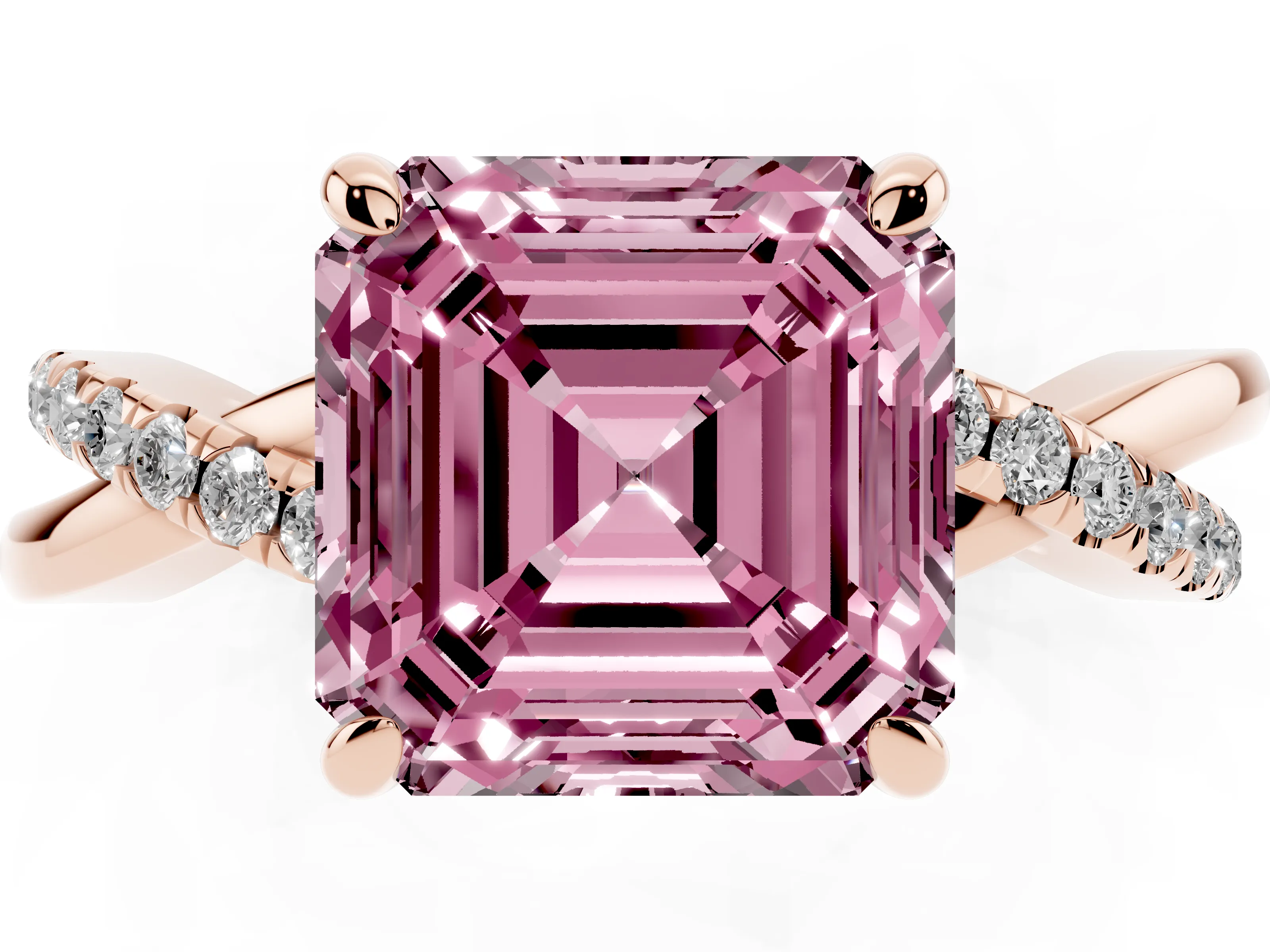 Fancy Pink Asscher Cut Diamond Twist Band Pavé Solitaire Ring Set in Rose gold with Prong Setting