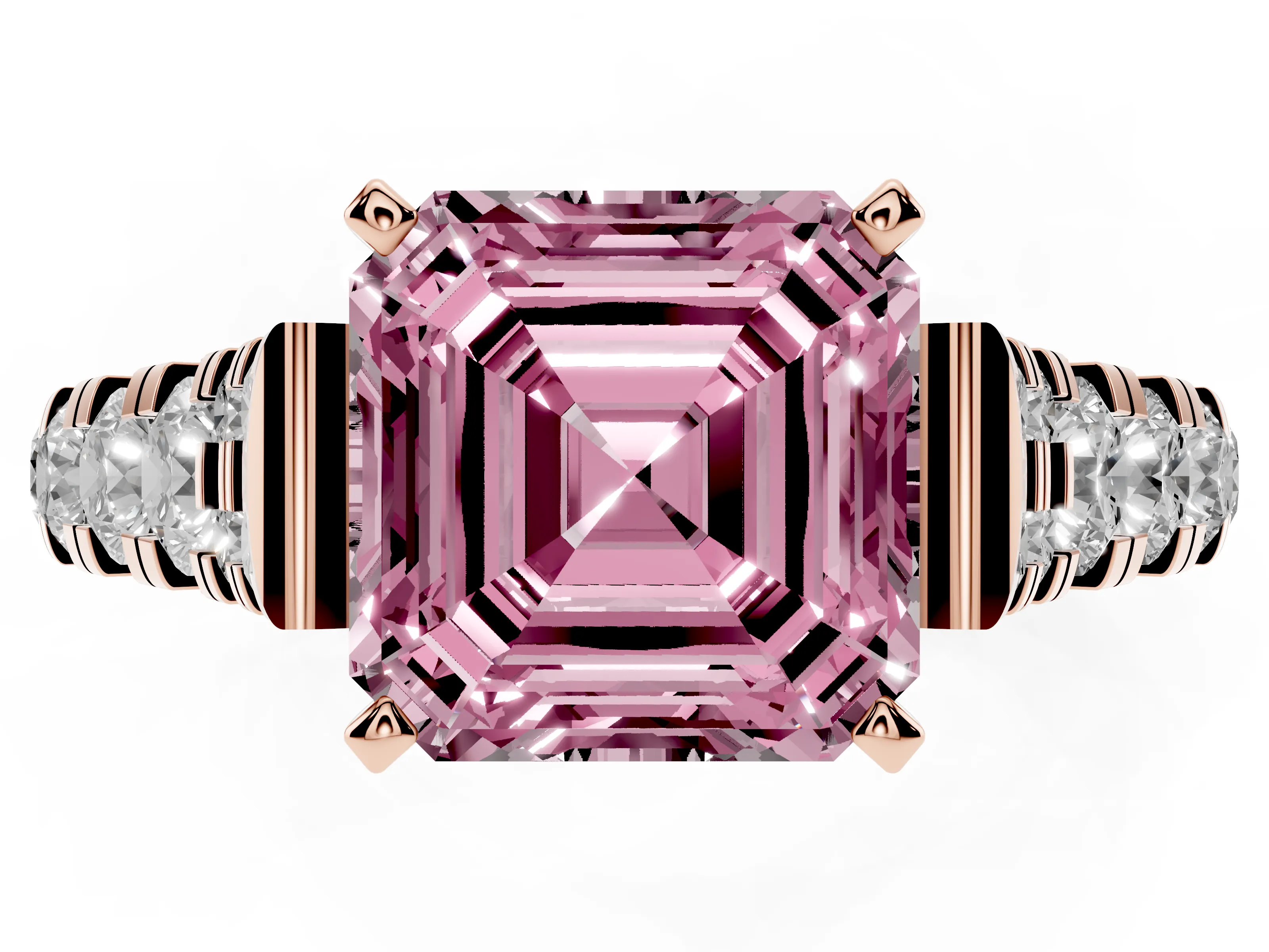 Fancy Pink Asscher Cut Diamond Classic Solitaire Ring Set in Rose gold with Pavé Band and Prong Setting