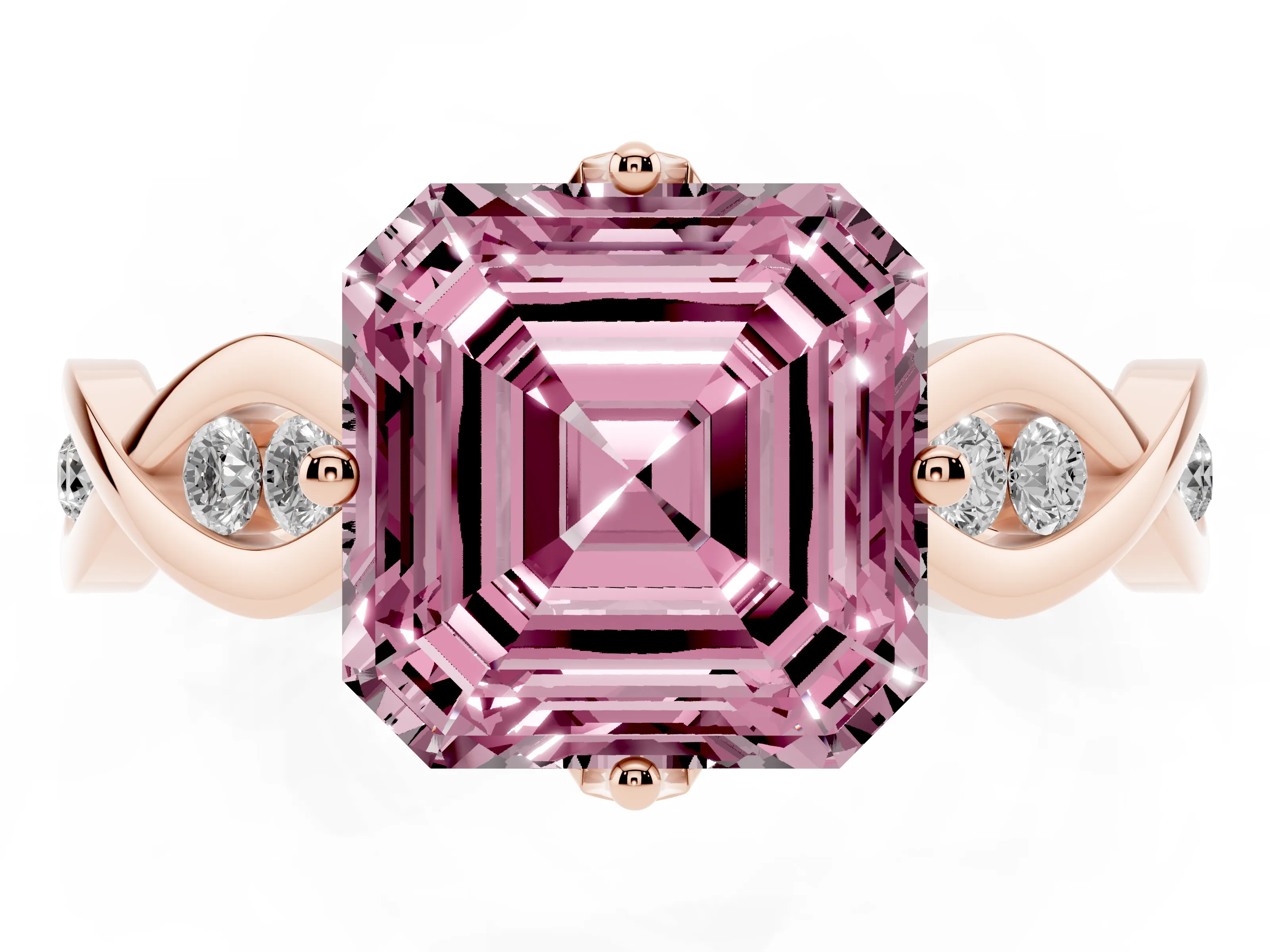 Fancy Pink Asscher Cut Diamond Twist Band Solitaire Ring Set in Rose gold with Leaf Prong Setting and Accent Stones