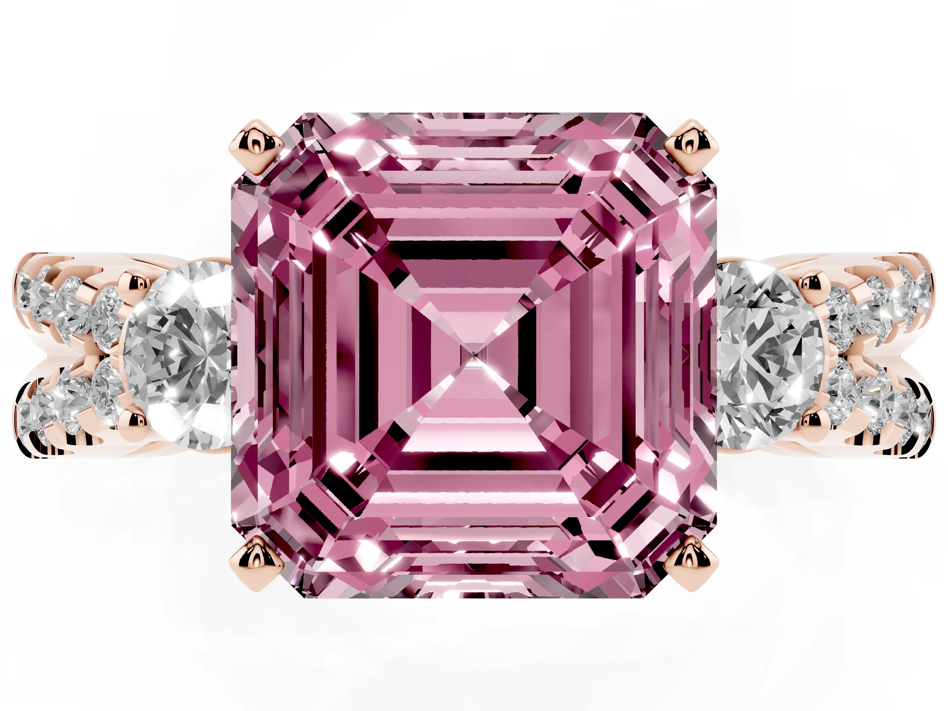 Fancy Pink Asscher Cut Diamond Three-Stone Ring Set in Rose gold with Pavé Split Shank and Prong Setting