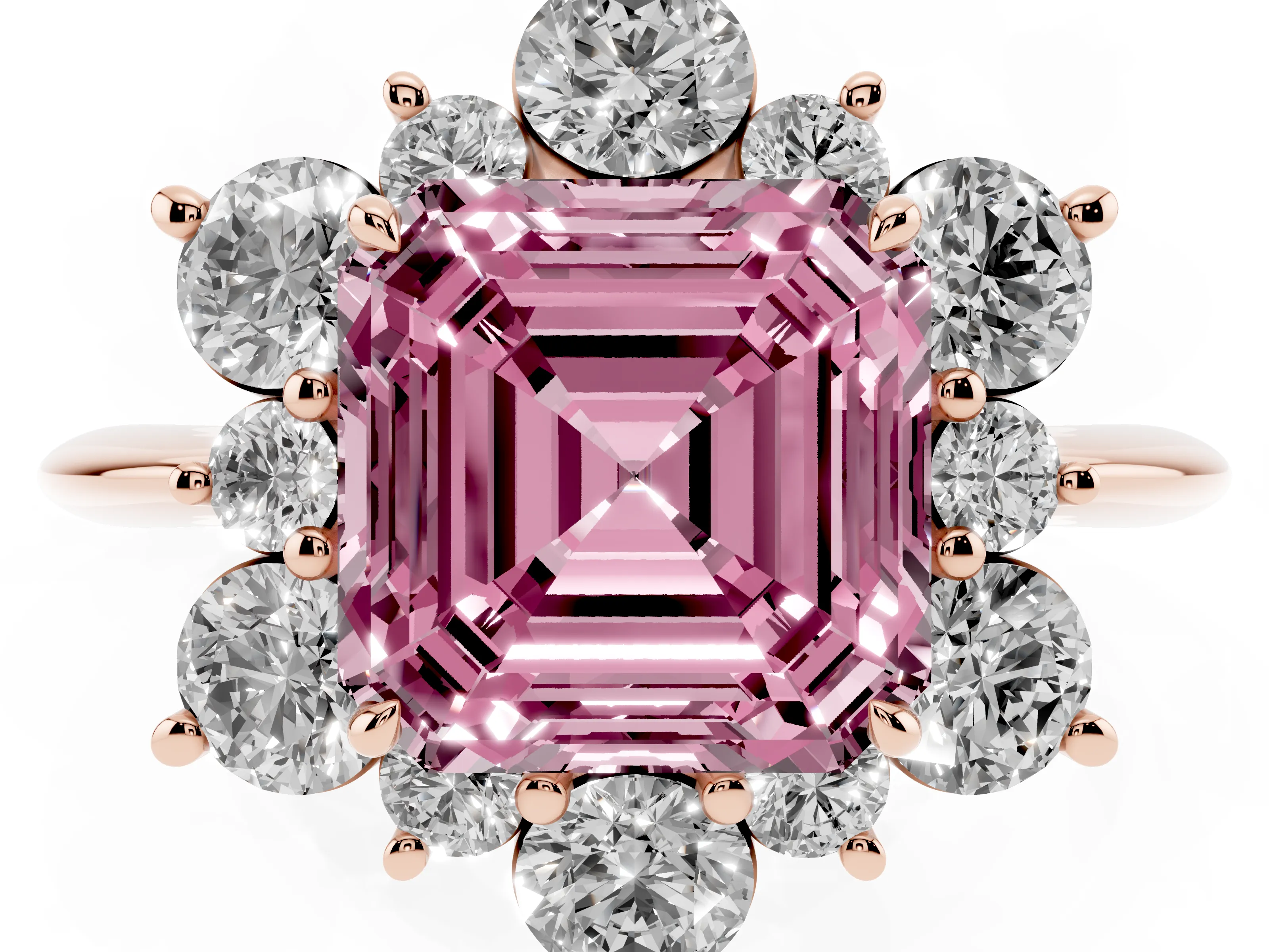 Fancy Pink Asscher Cut Diamond Cluster Halo Ring Set in Rose gold with Solitaire Band and Prong Setting